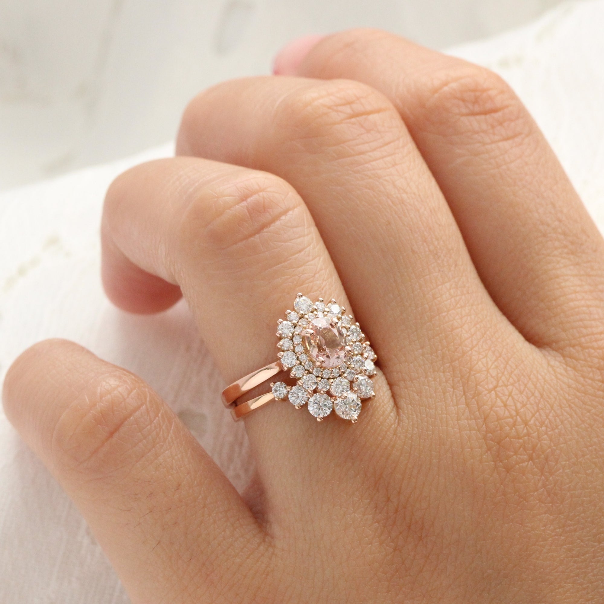 Pink and White Moissanite cheapest Double Halo Ring