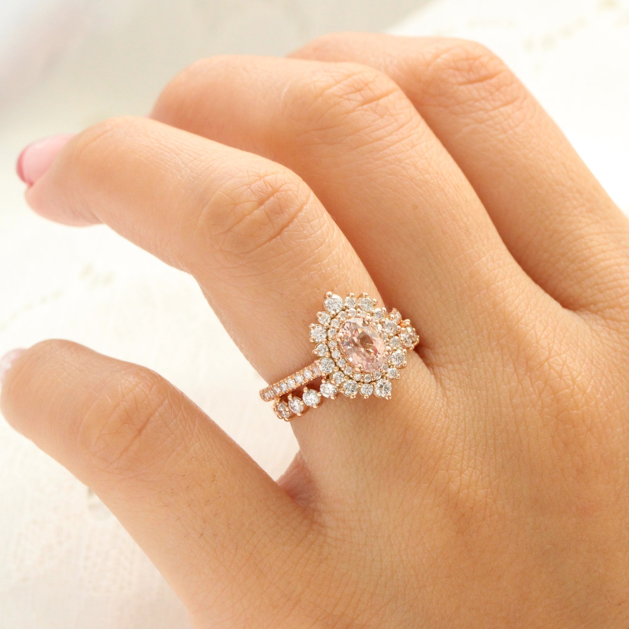 Oval peach sapphire pave ring rose gold double halo diamond engagement ring la more design jewelry