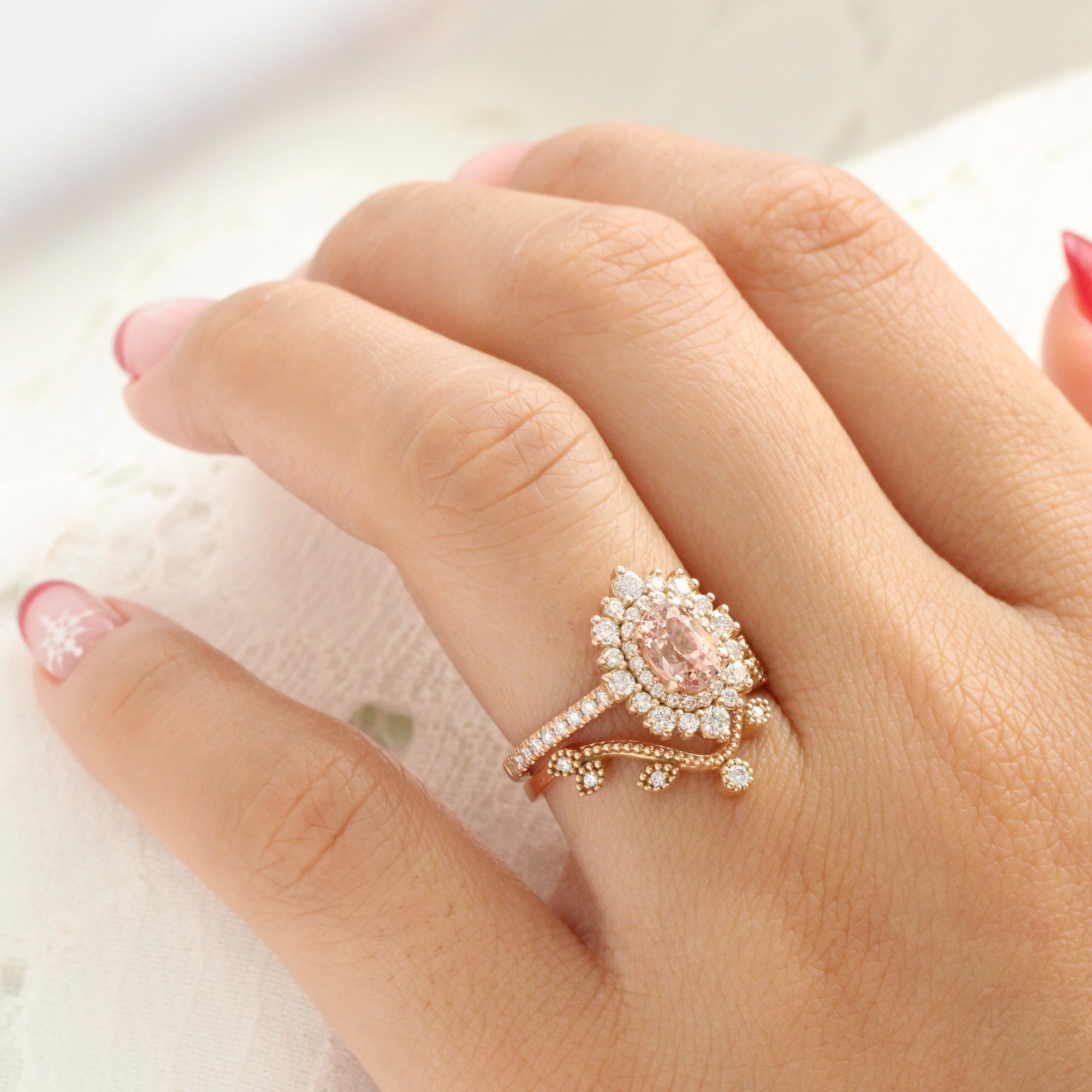 Oval peach sapphire pave ring rose gold double halo diamond engagement ring la more design jewelry