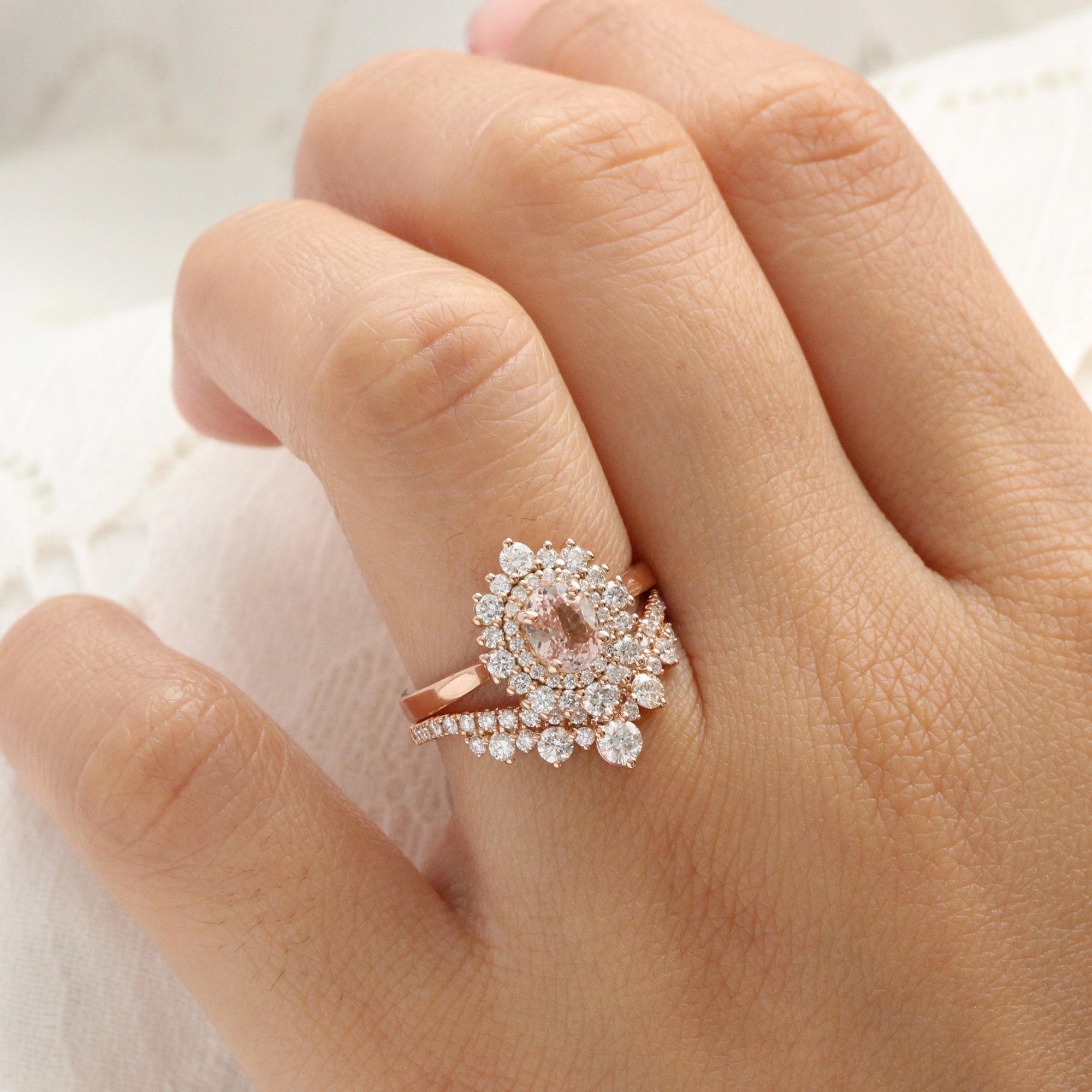 Oval pink peach sapphire ring rose gold double halo diamond engagement ring la more design jewelry