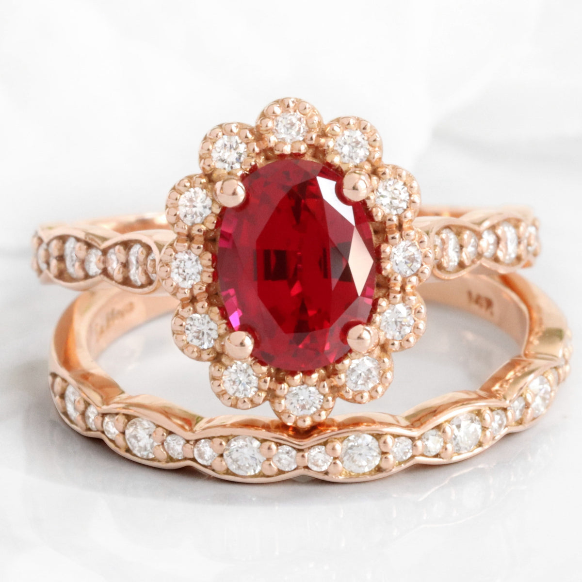 Oval ruby engagement ring bridal set rose gold vintage halo diamond ruby ring stack la more design jewelry
