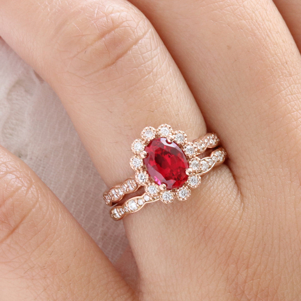 Oval ruby engagement ring bridal set rose gold vintage halo diamond ruby ring stack la more design jewelry