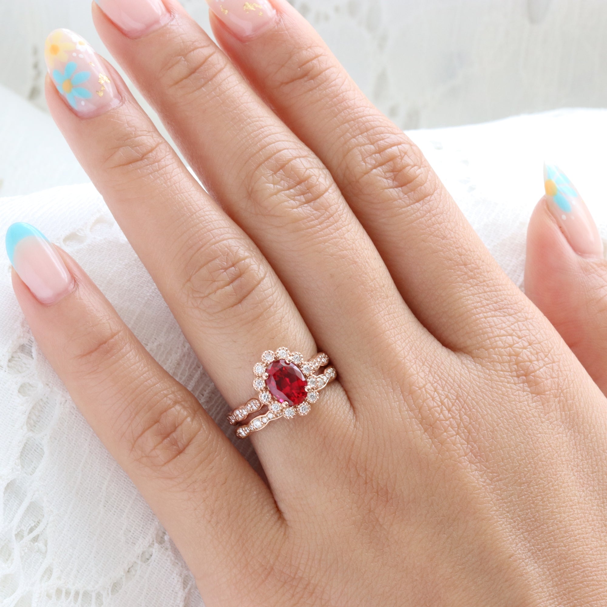 Oval ruby engagement ring bridal set rose gold vintage halo diamond ruby ring stack la more design jewelry