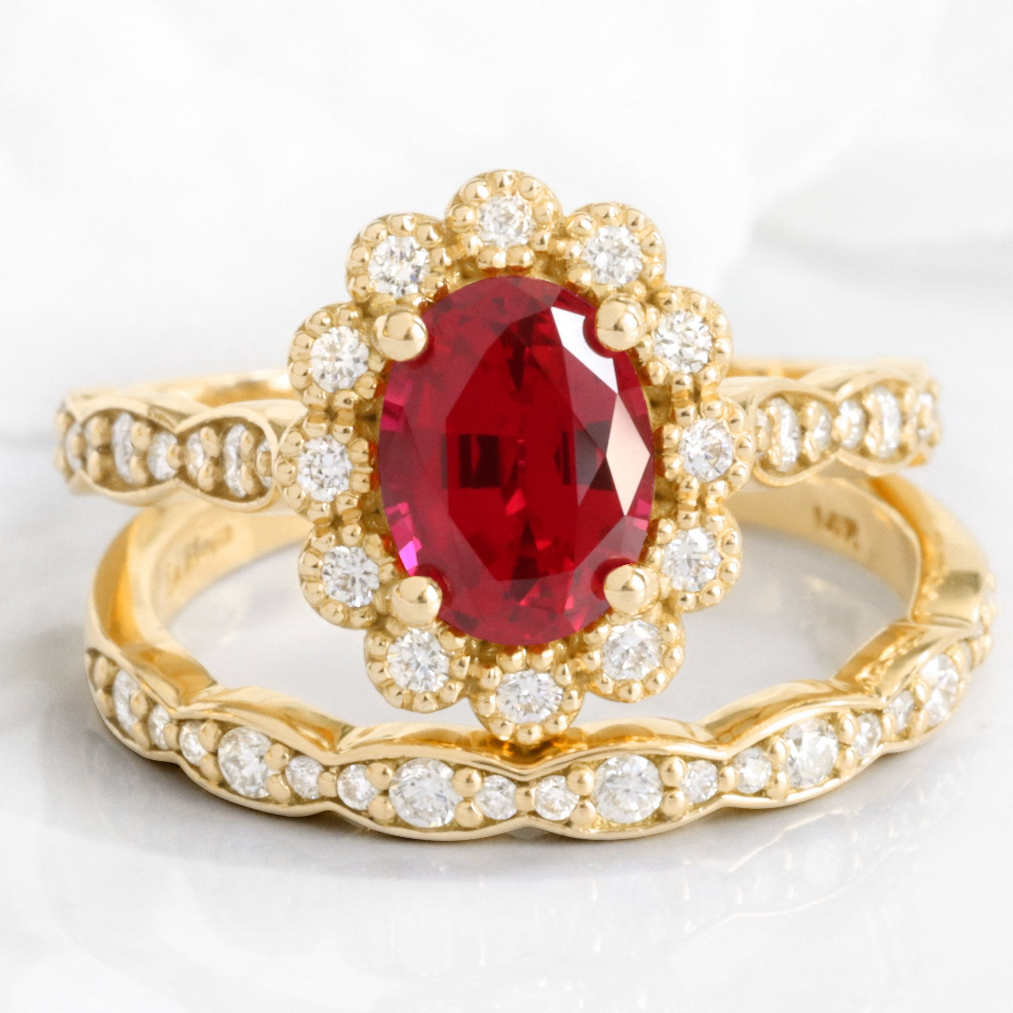 Oval ruby engagement ring bridal set yellow gold vintage halo diamond ruby ring stack la more design jewelry