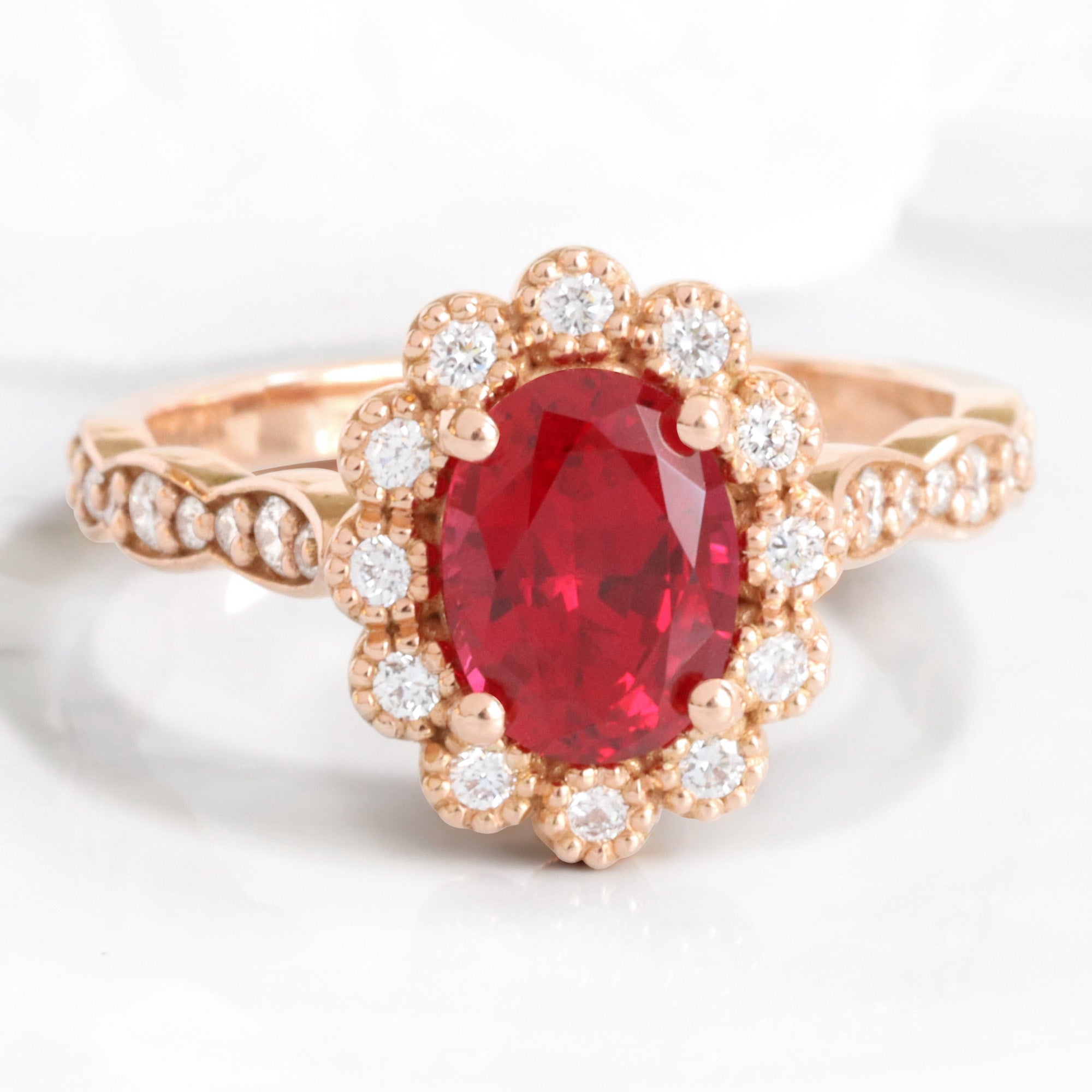 Oval ruby engagement ring rose gold vintage halo diamond ruby ring la more design jewelry