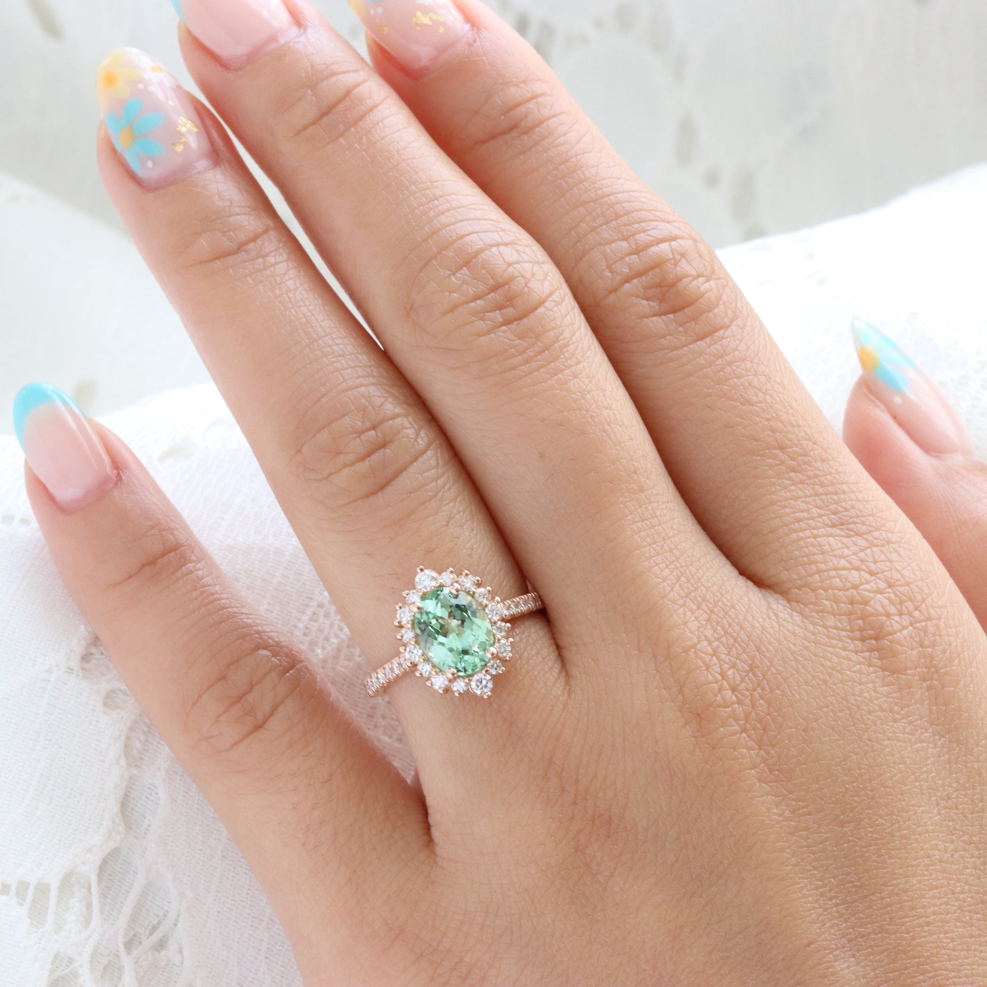 Oval seafoam green sapphire engagement ring rose gold halo diamond sapphire ring la more design jewelry