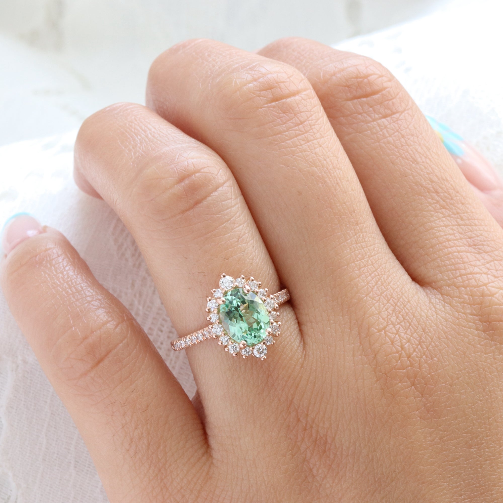 Oval seafoam green sapphire engagement ring rose gold halo diamond sapphire ring la more design jewelry