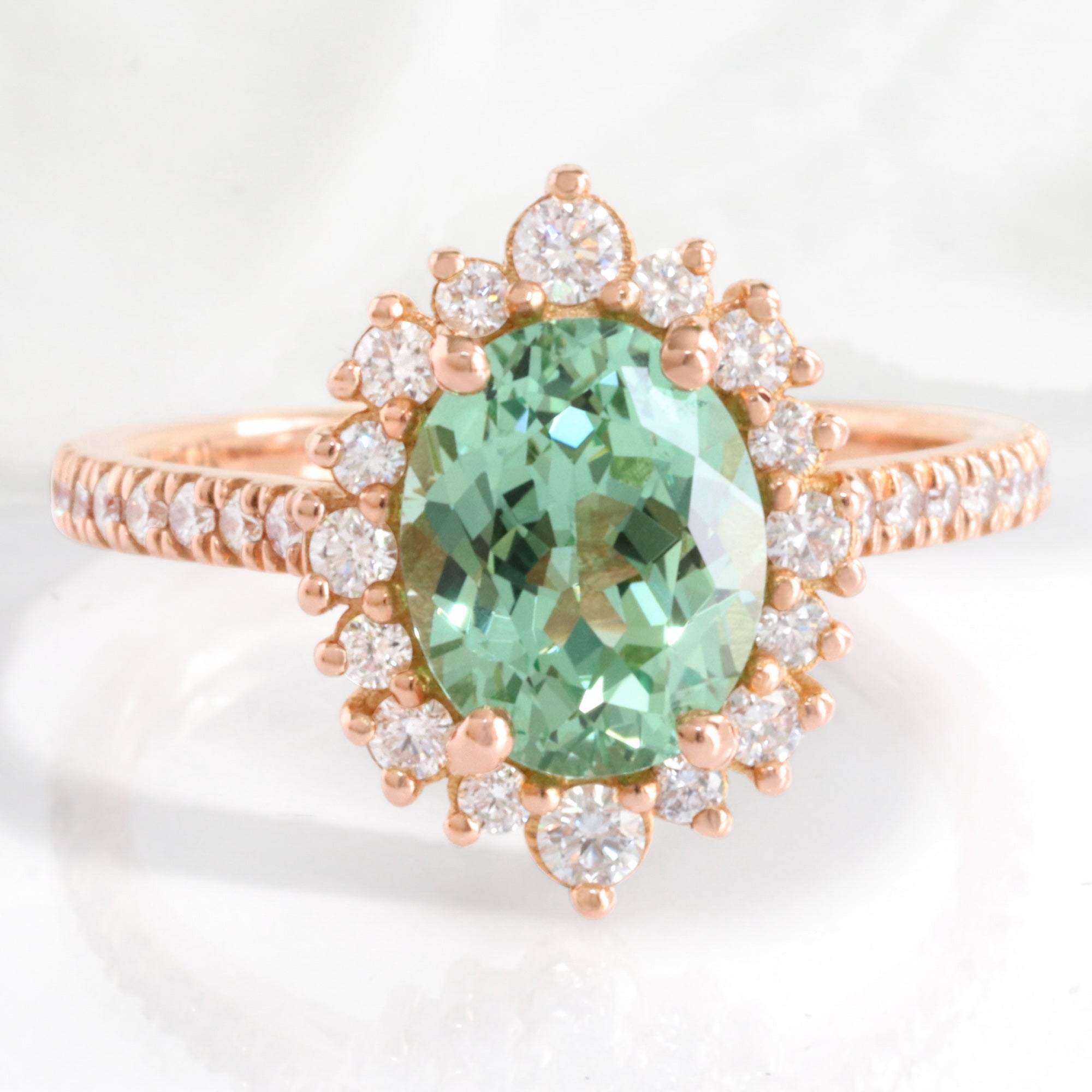 Oval green sapphire engagement ring rose gold halo diamond sapphire ring la more design jewelry