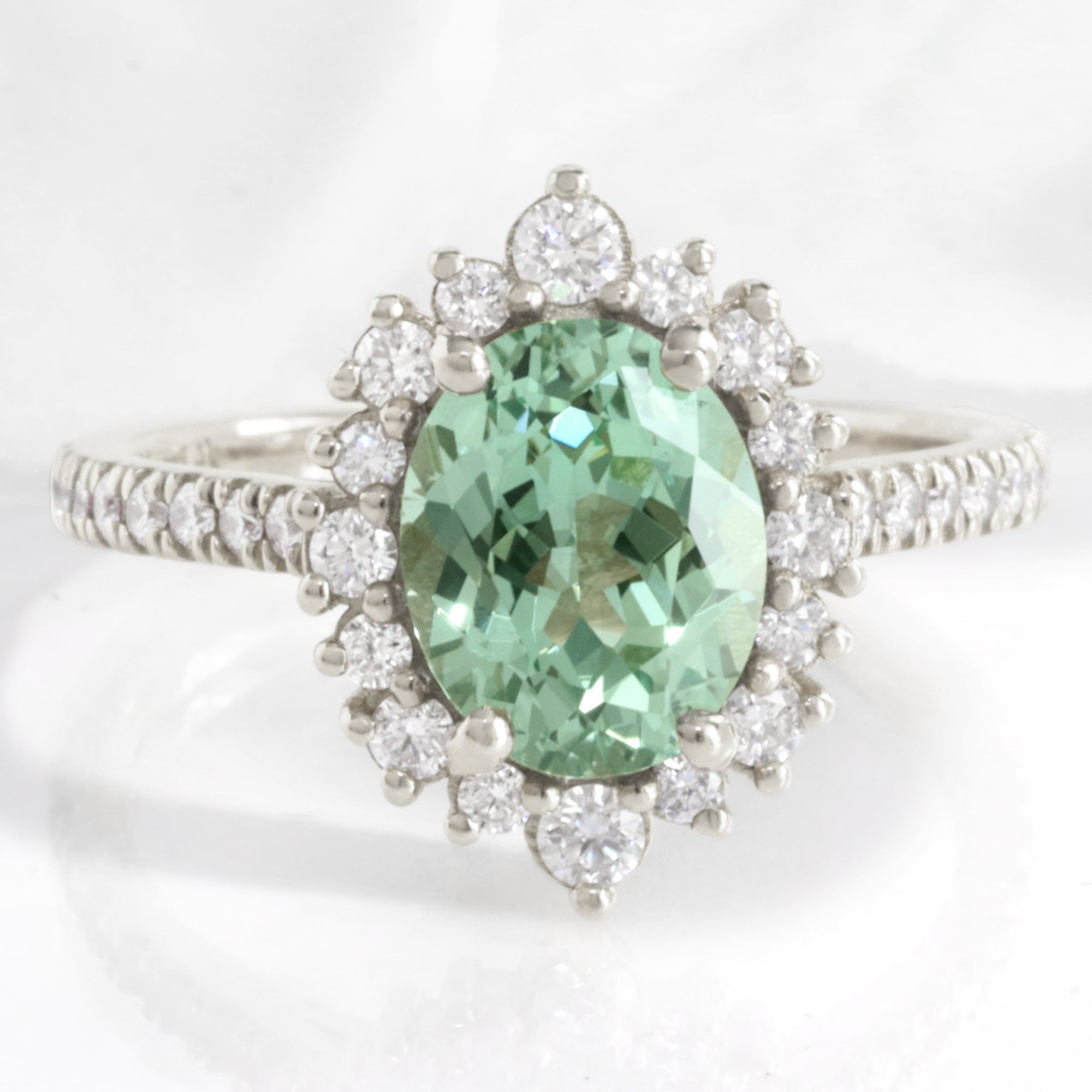 Oval seafoam green sapphire engagement ring white gold halo diamond sapphire ring la more design jewelry