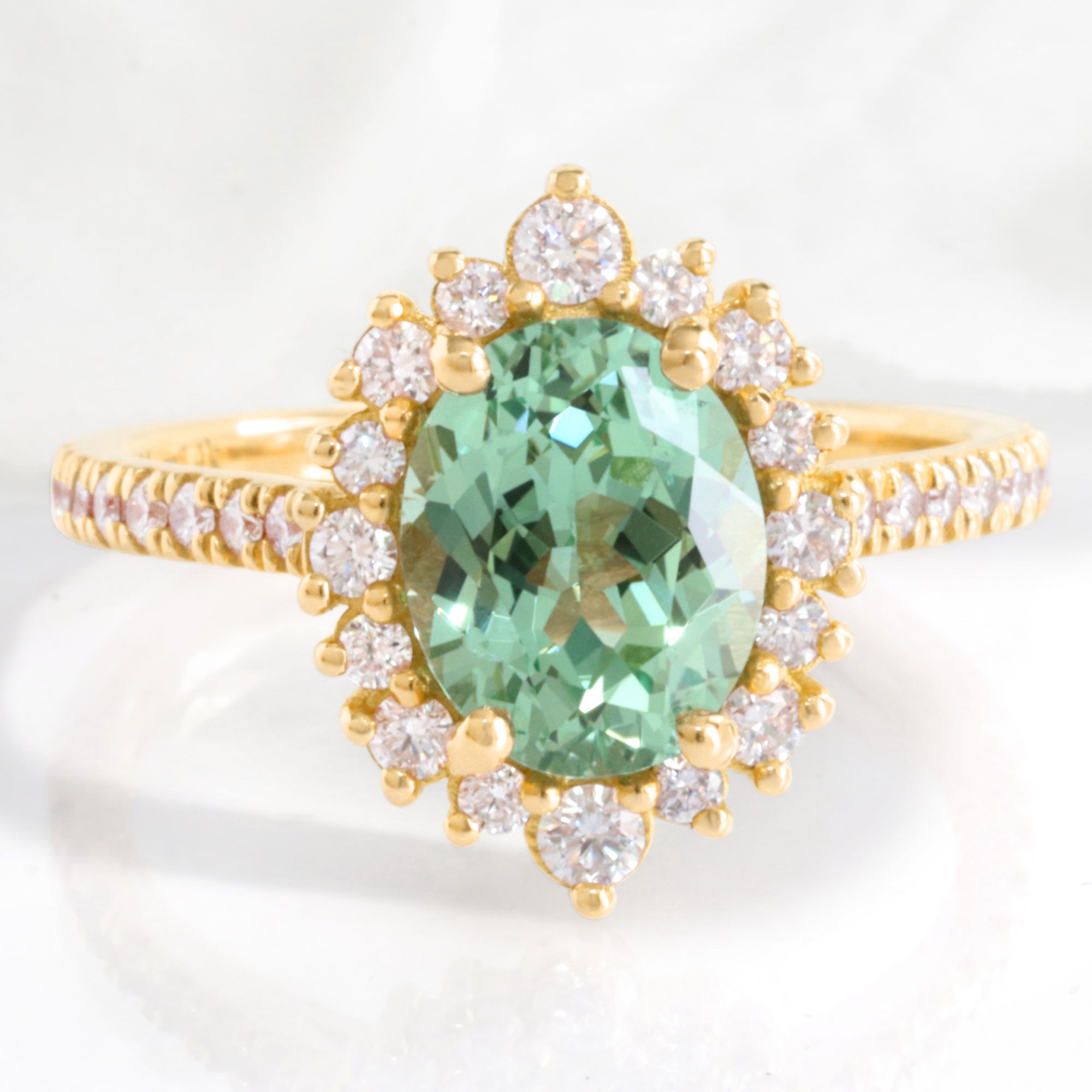 Oval green sapphire engagement ring yellow gold halo diamond sapphire ring la more design jewelry