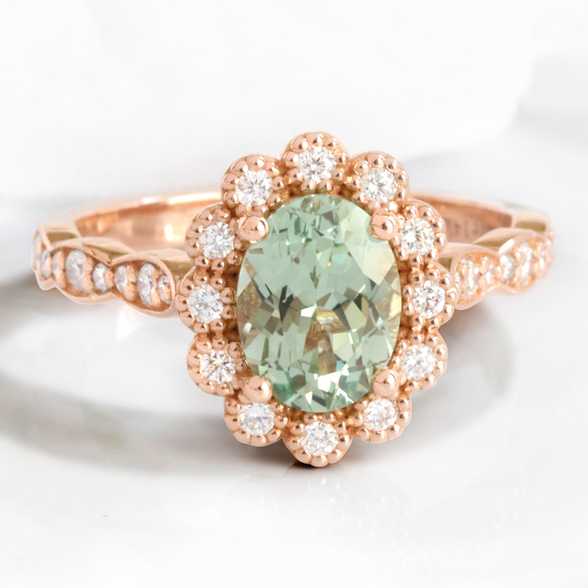 Oval seafoam green sapphire engagement ring rose gold vintage halo diamond sapphire ring la more design jewelry