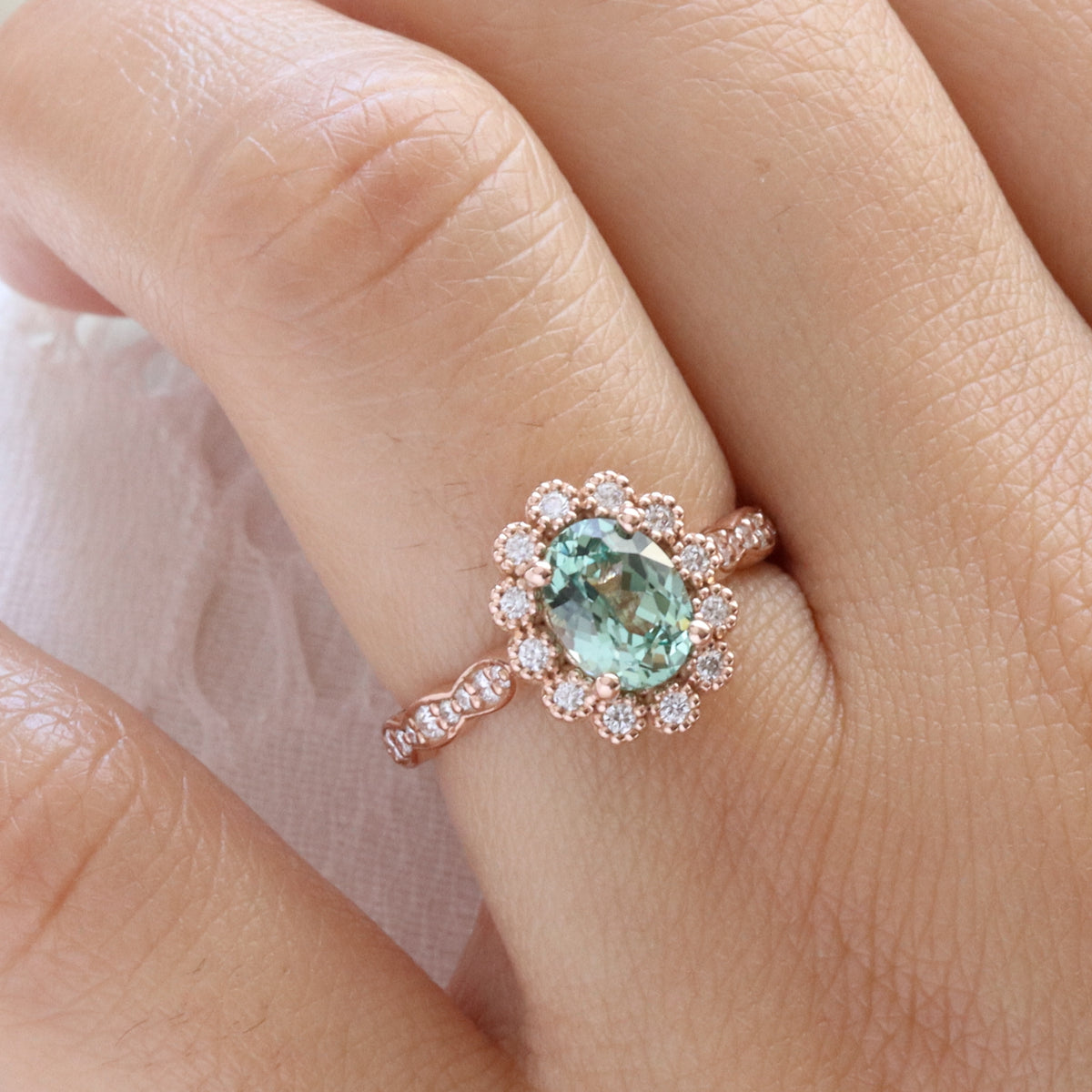 Oval seafoam green sapphire engagement ring rose gold vintage halo diamond sapphire ring la more design jewelry
