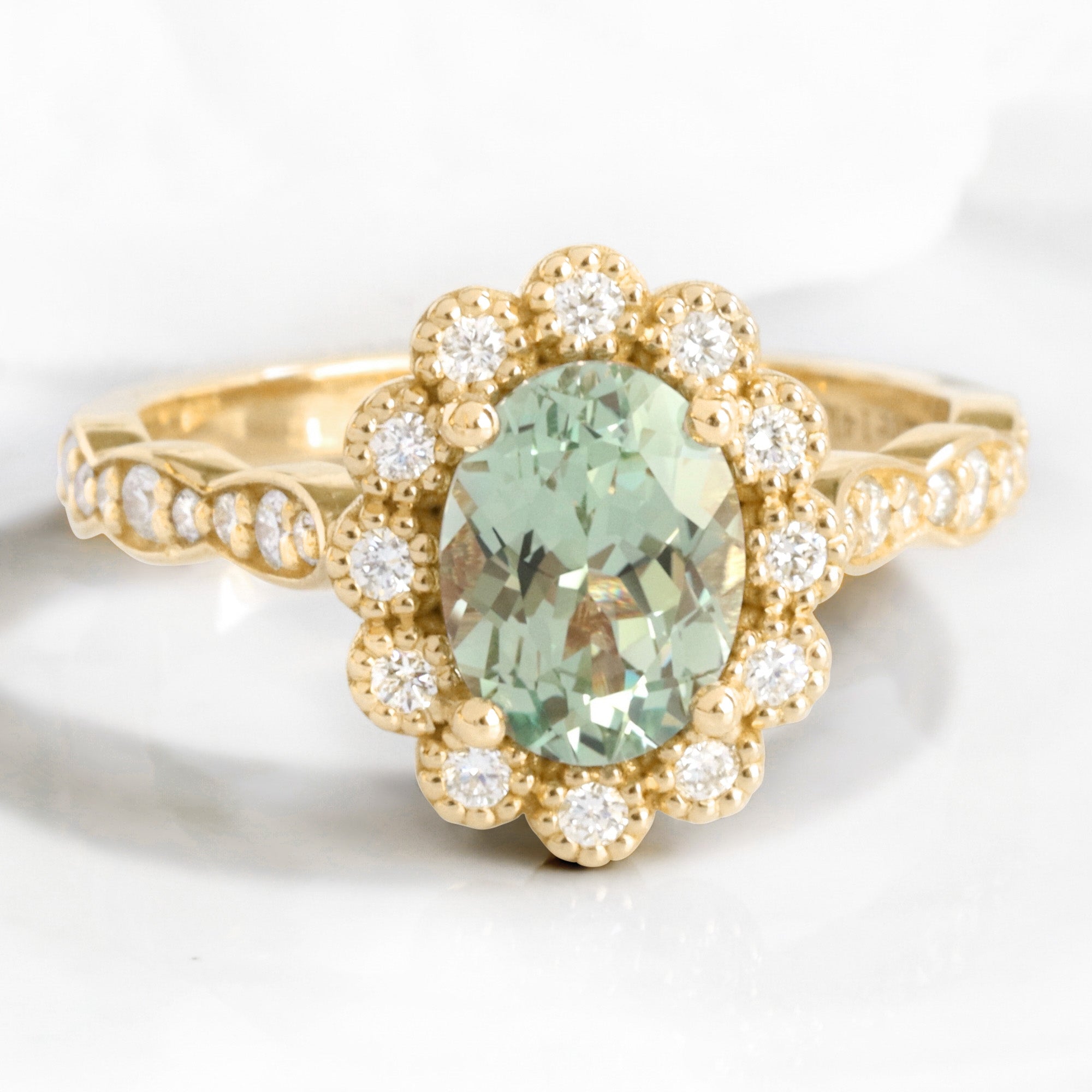 Oval seafoam green sapphire engagement ring yellow gold vintage halo diamond sapphire ring la more design jewelry