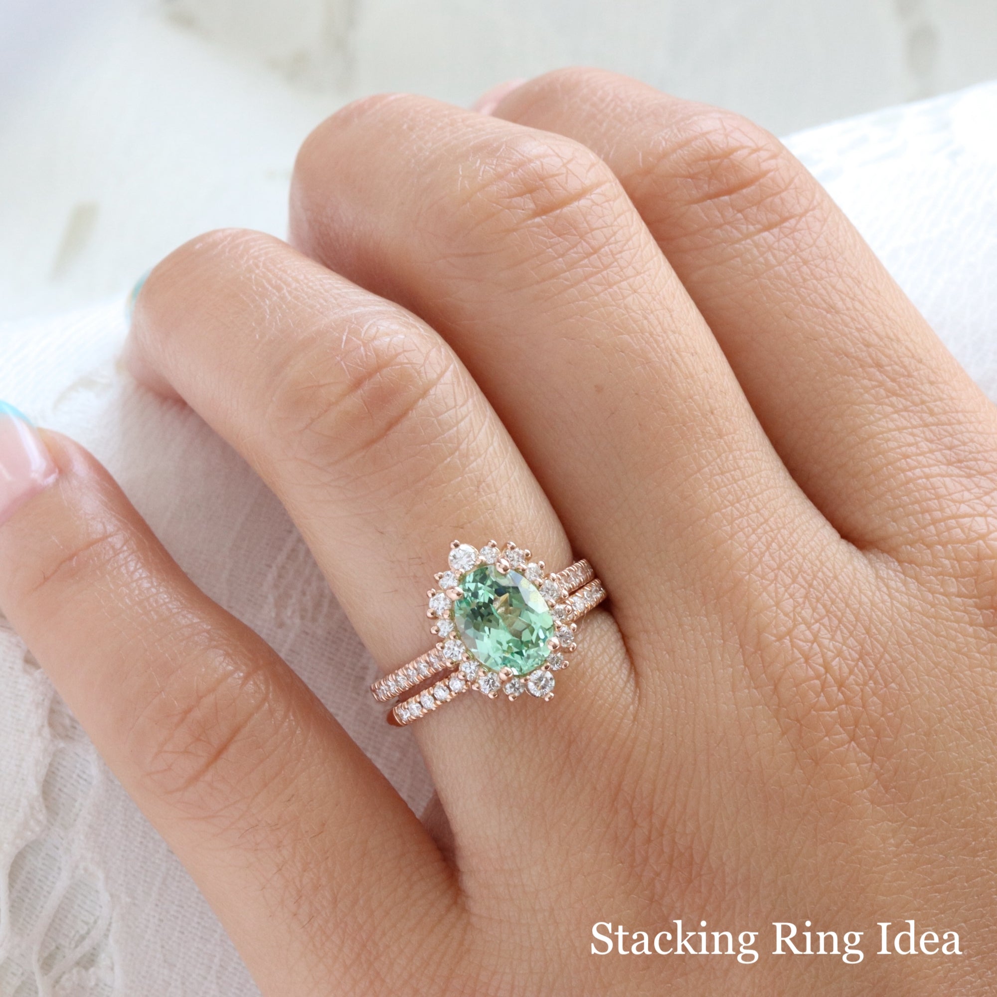 Oval seafoam green sapphire engagement ring rose gold halo diamond sapphire ring la more design jewelry