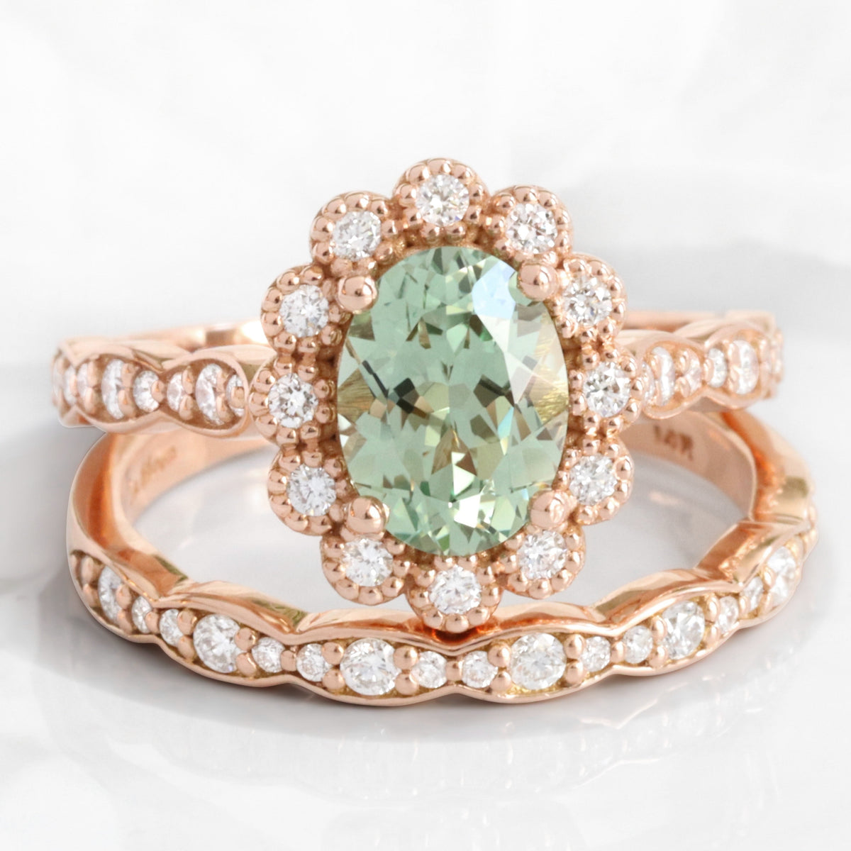 Oval seafoam green sapphire ring bridal set rose gold vintage halo diamond sapphire ring stack la more design jewelry
