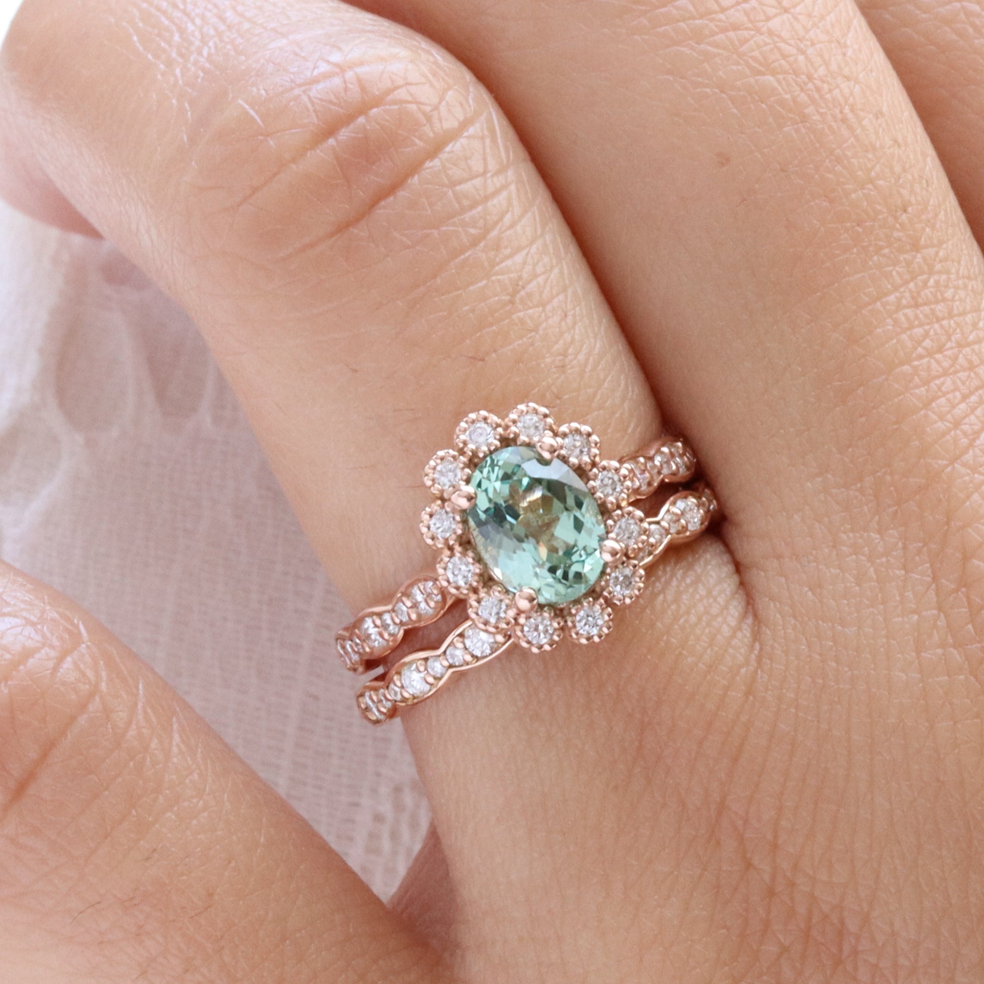 Oval seafoam green sapphire ring bridal set rose gold vintage halo diamond sapphire ring stack la more design jewelry