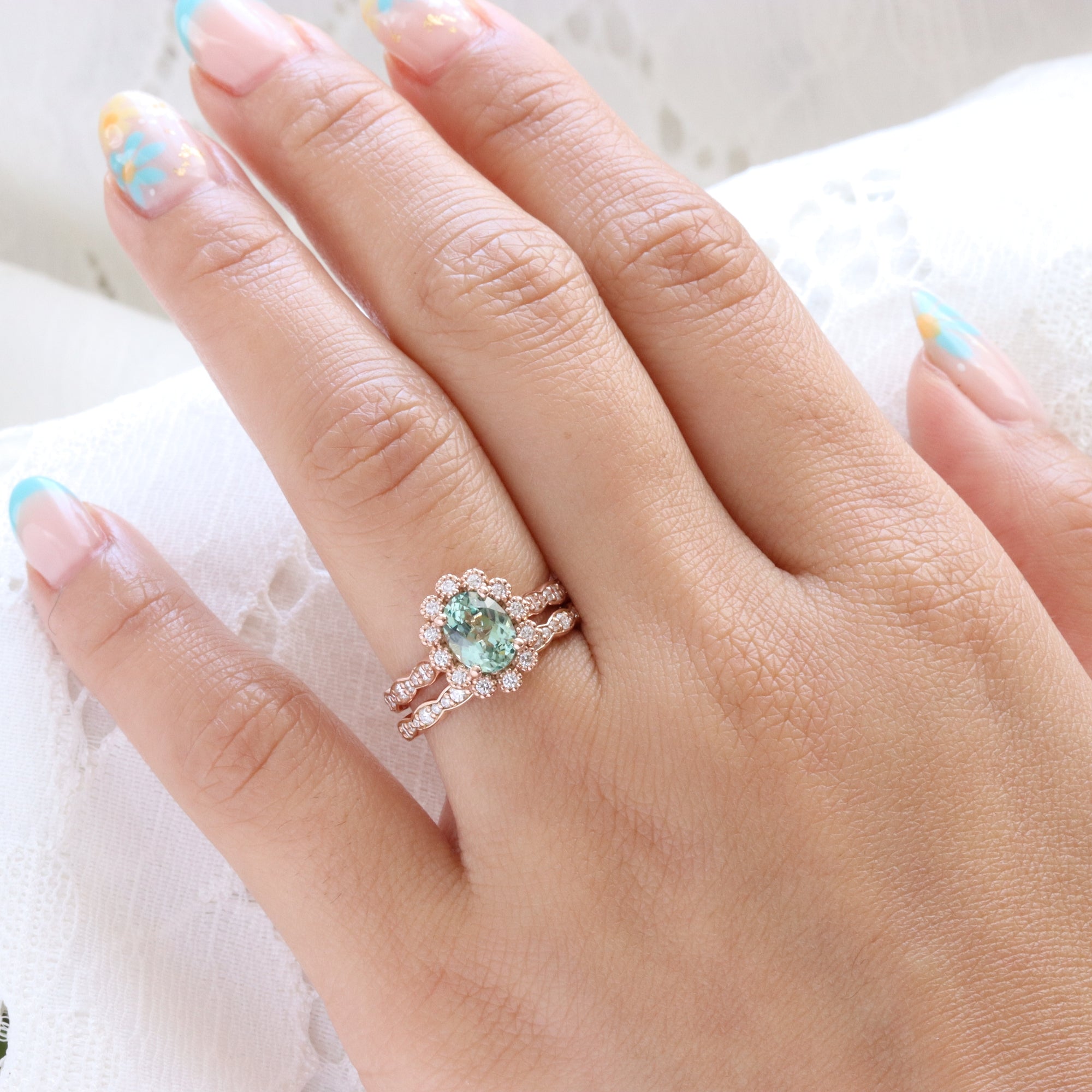 Oval seafoam green sapphire ring bridal set rose gold vintage halo diamond sapphire ring stack la more design jewelry