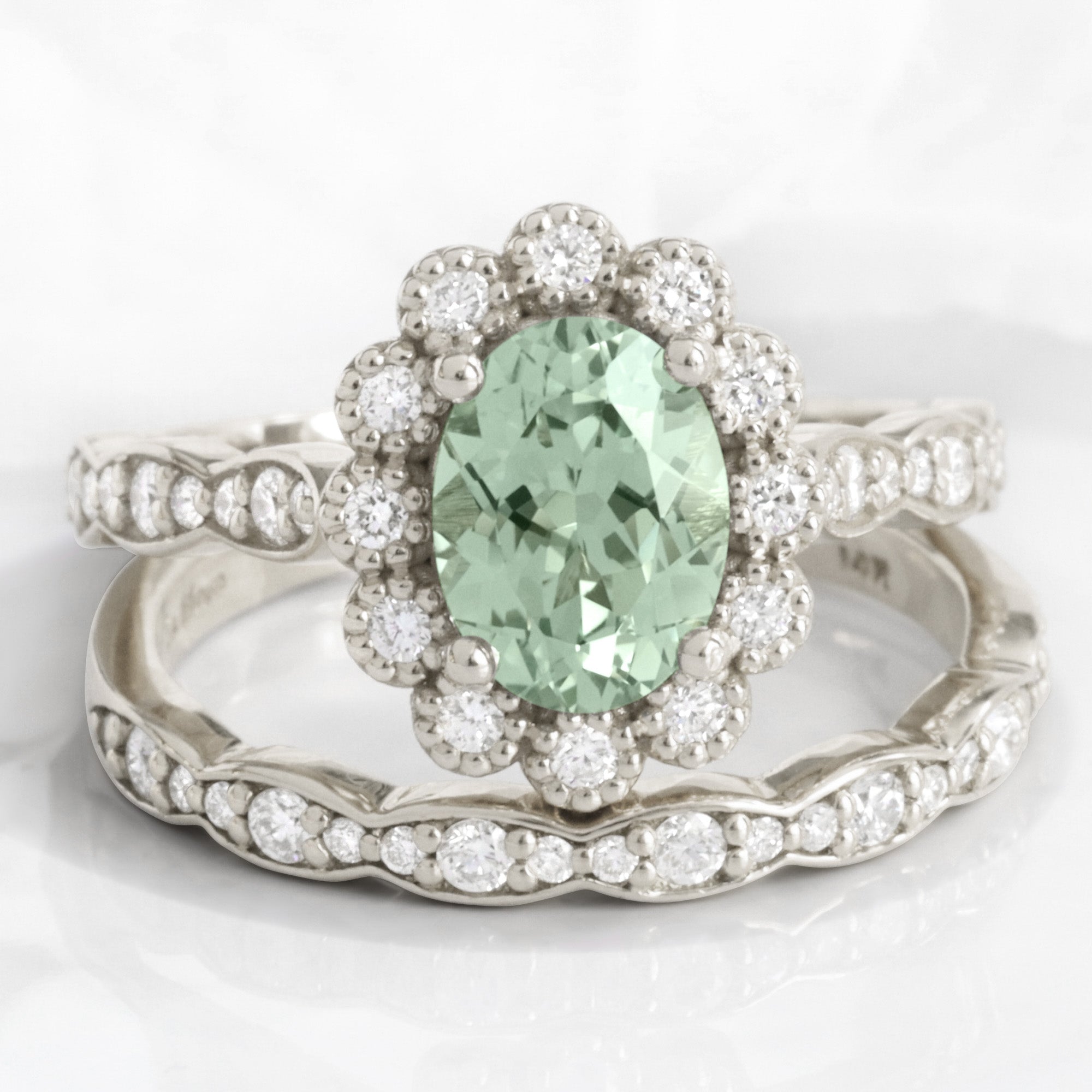 Oval seafoam green sapphire ring bridal set white gold vintage halo diamond sapphire ring stack la more design jewelry