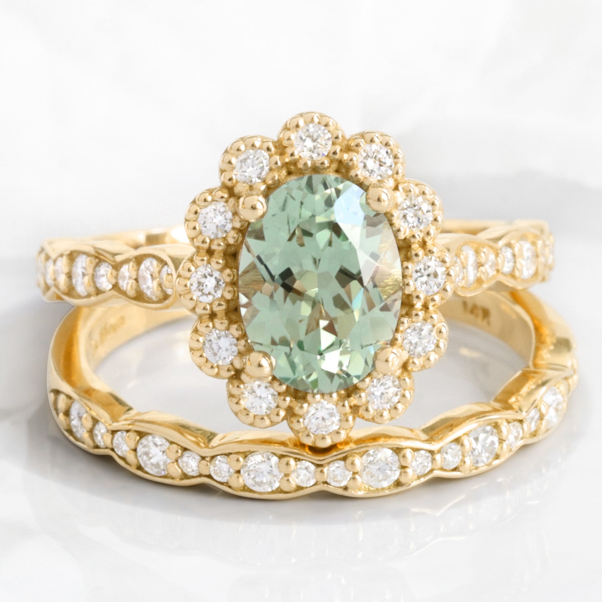 Oval seafoam green sapphire ring bridal set yellow gold vintage halo diamond sapphire ring stack la more design jewelry