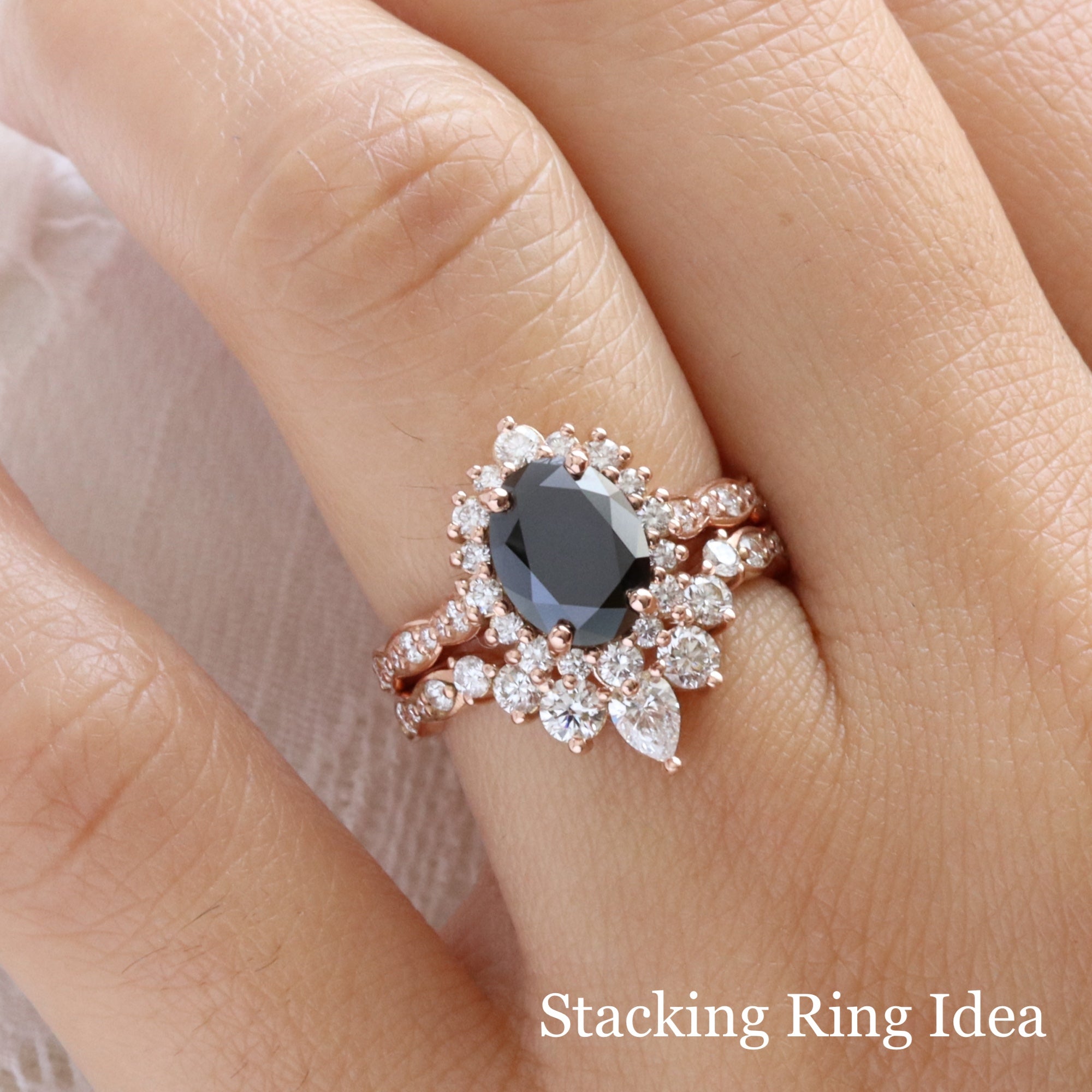 Unique black diamond ring bridal set rose gold oval black diamond halo ring stack la more design jewelry