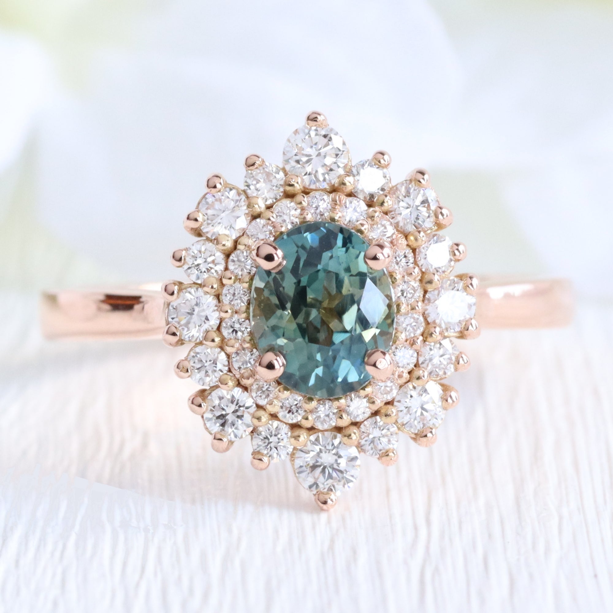 Oval teal green sapphire ring rose gold double halo diamond engagement ring la more design jewelry