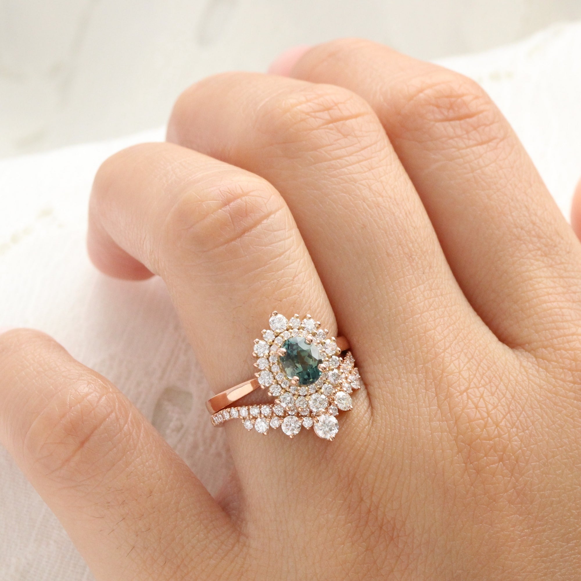 Oval teal green sapphire ring rose gold double halo diamond engagement ring la more design jewelry