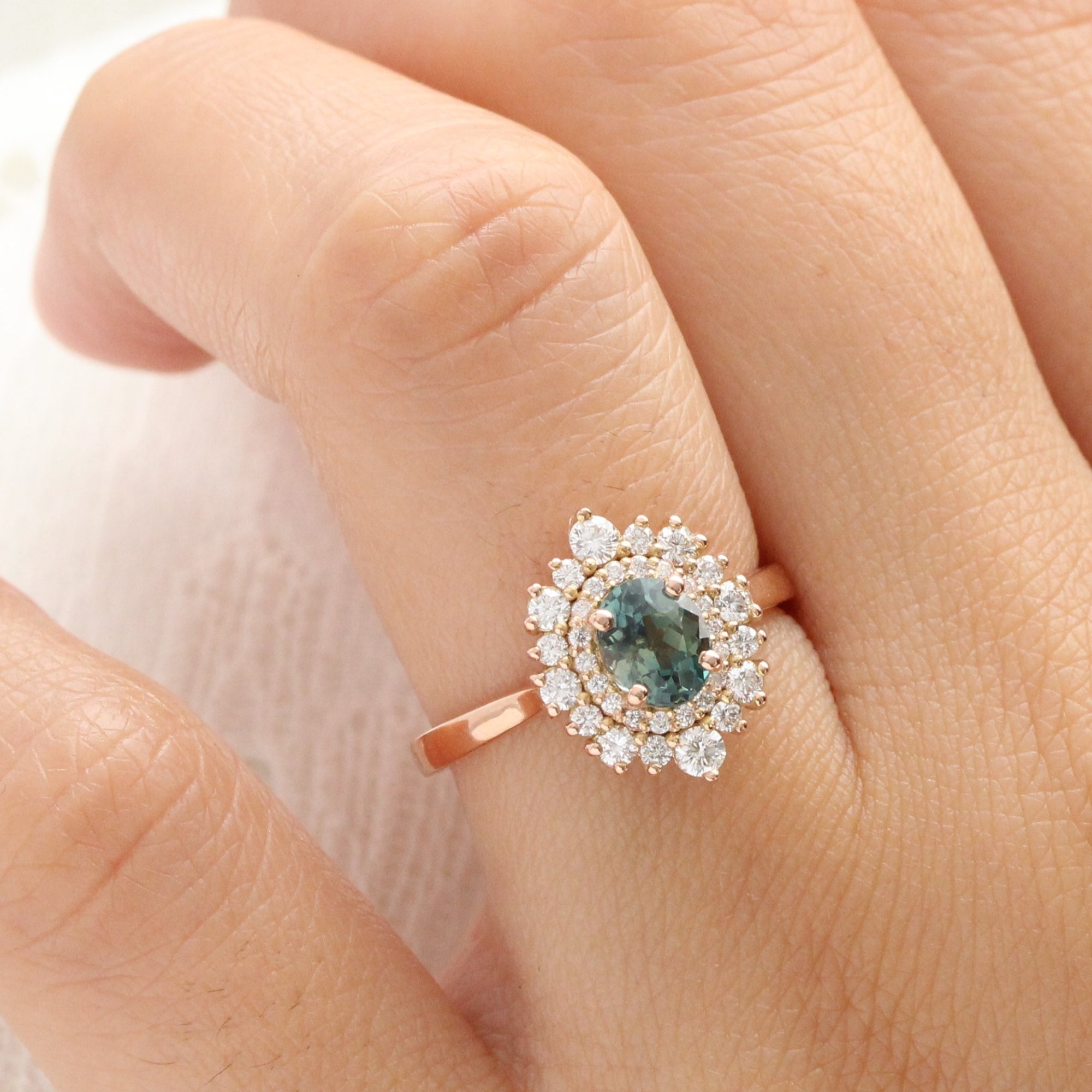 Oval teal green sapphire ring rose gold double halo diamond engagement ring la more design jewelry