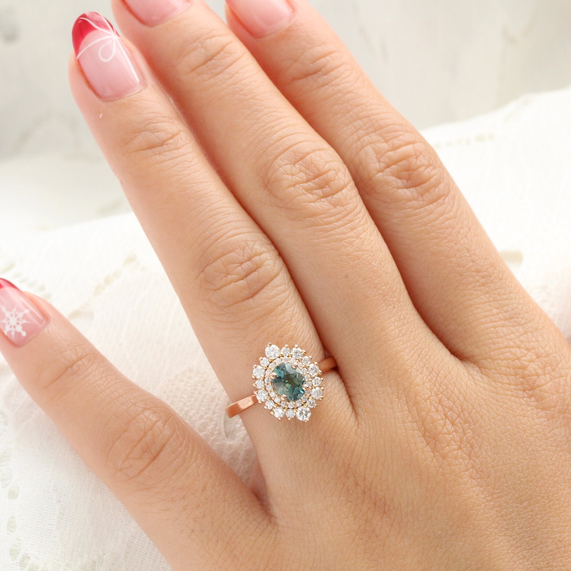 Oval teal green sapphire ring rose gold double halo diamond engagement ring la more design jewelry