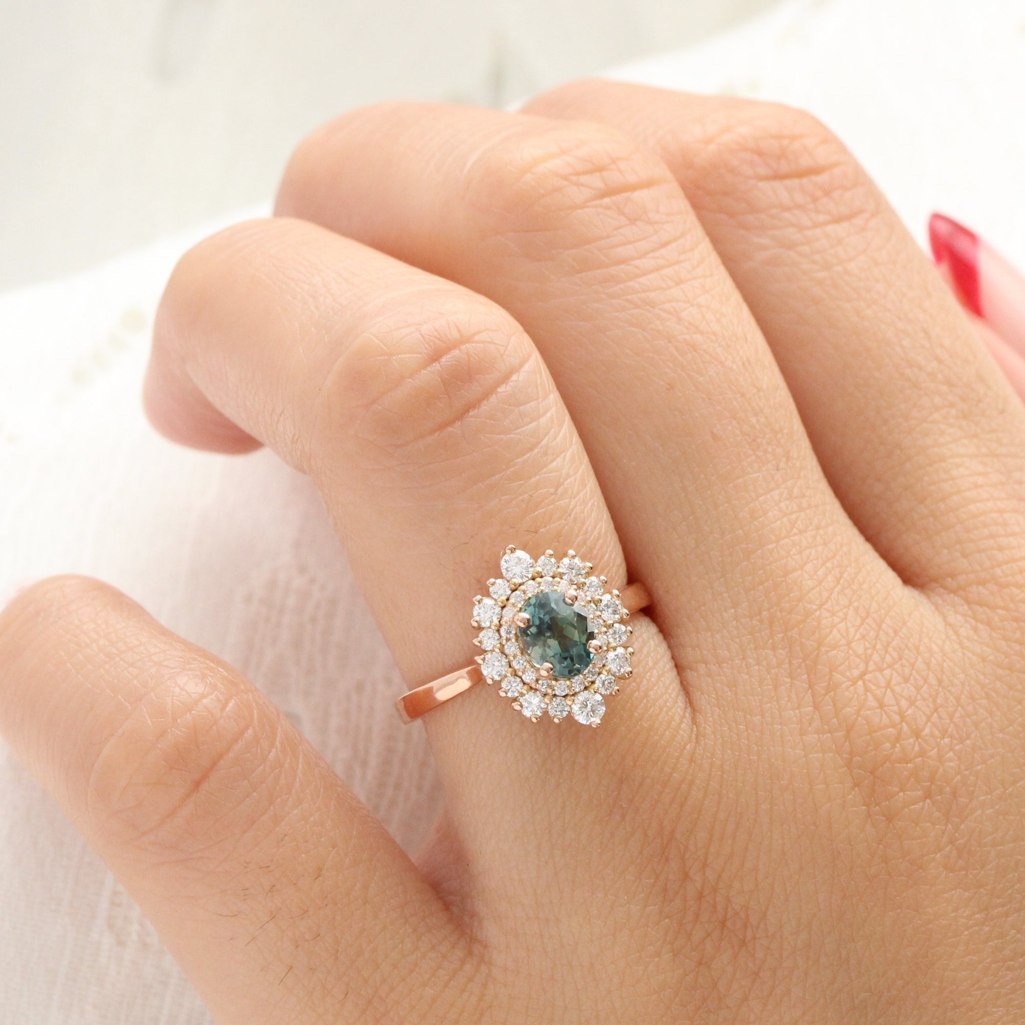 Oval teal green sapphire ring rose gold double halo diamond engagement ring la more design jewelry