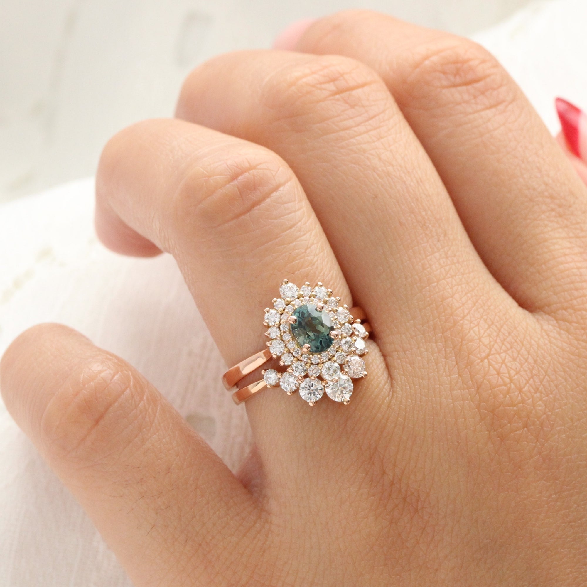 Oval teal green sapphire ring rose gold double halo diamond engagement ring la more design jewelry