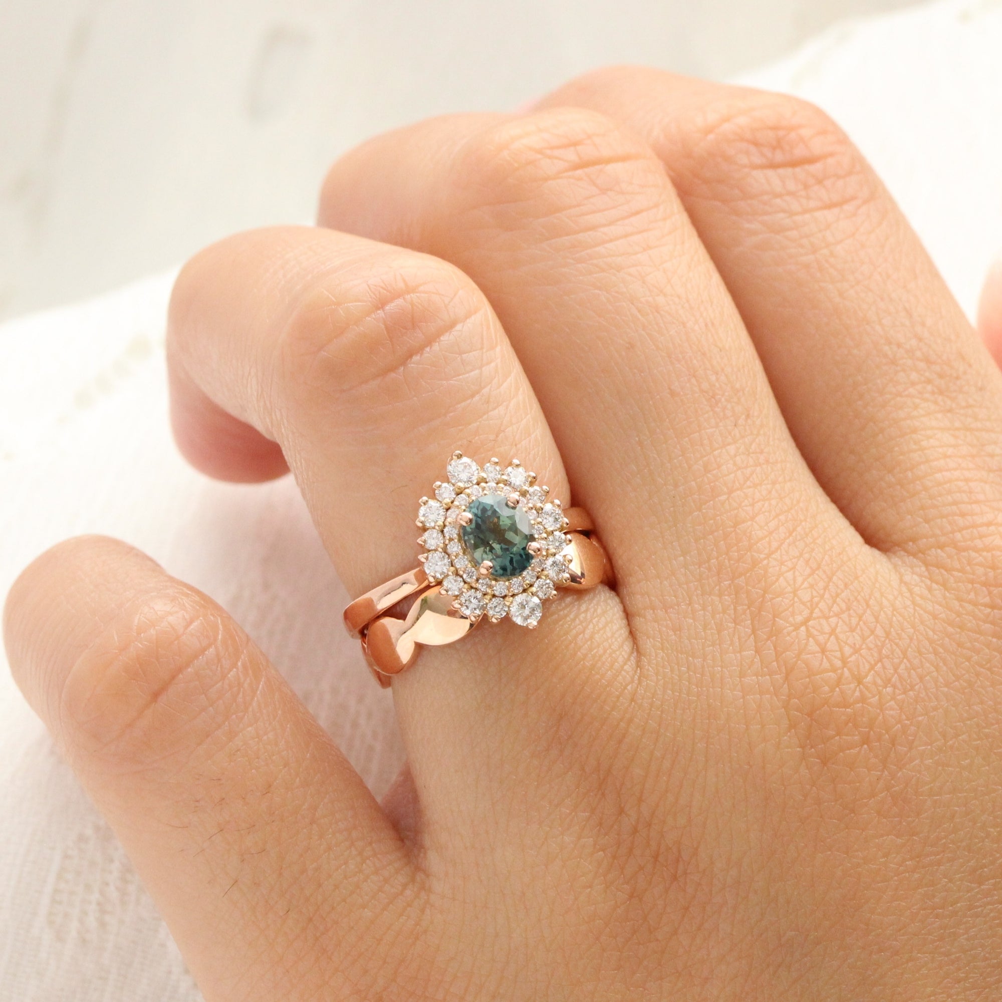 Oval teal green sapphire ring rose gold double halo diamond engagement ring la more design jewelry