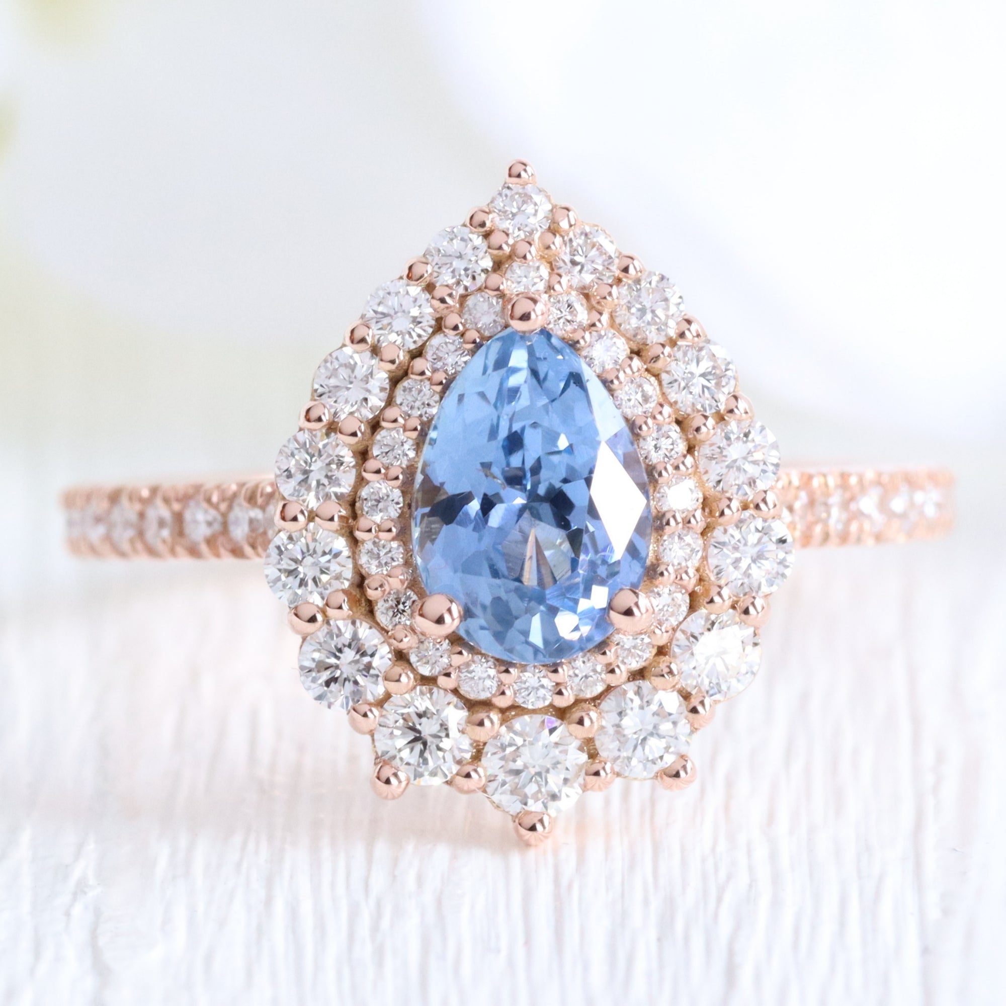 Pear aqua blue sapphire ring rose gold double halo diamond engagement ring la more design jewelry