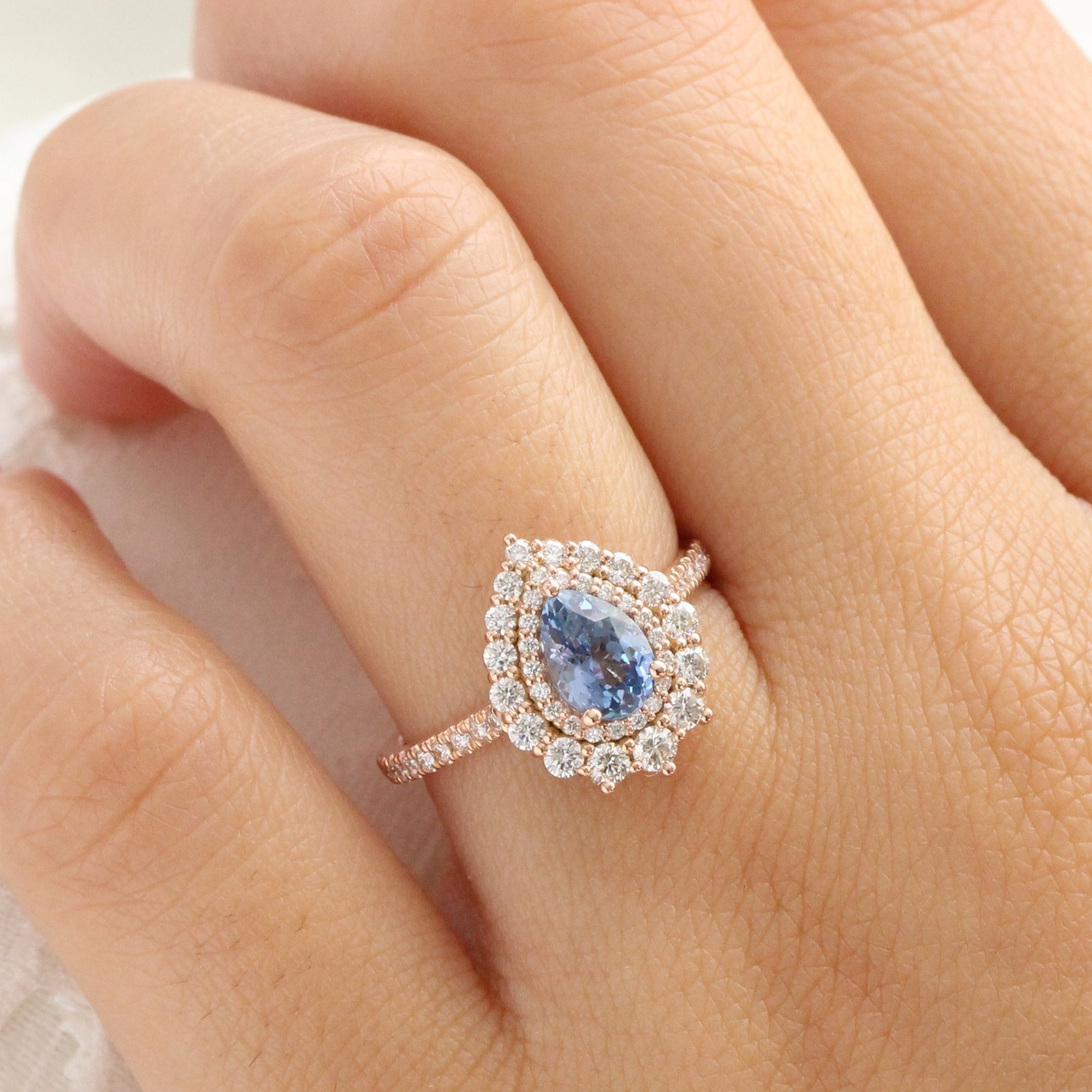 Pear aqua blue sapphire ring rose gold double halo diamond engagement ring la more design jewelry