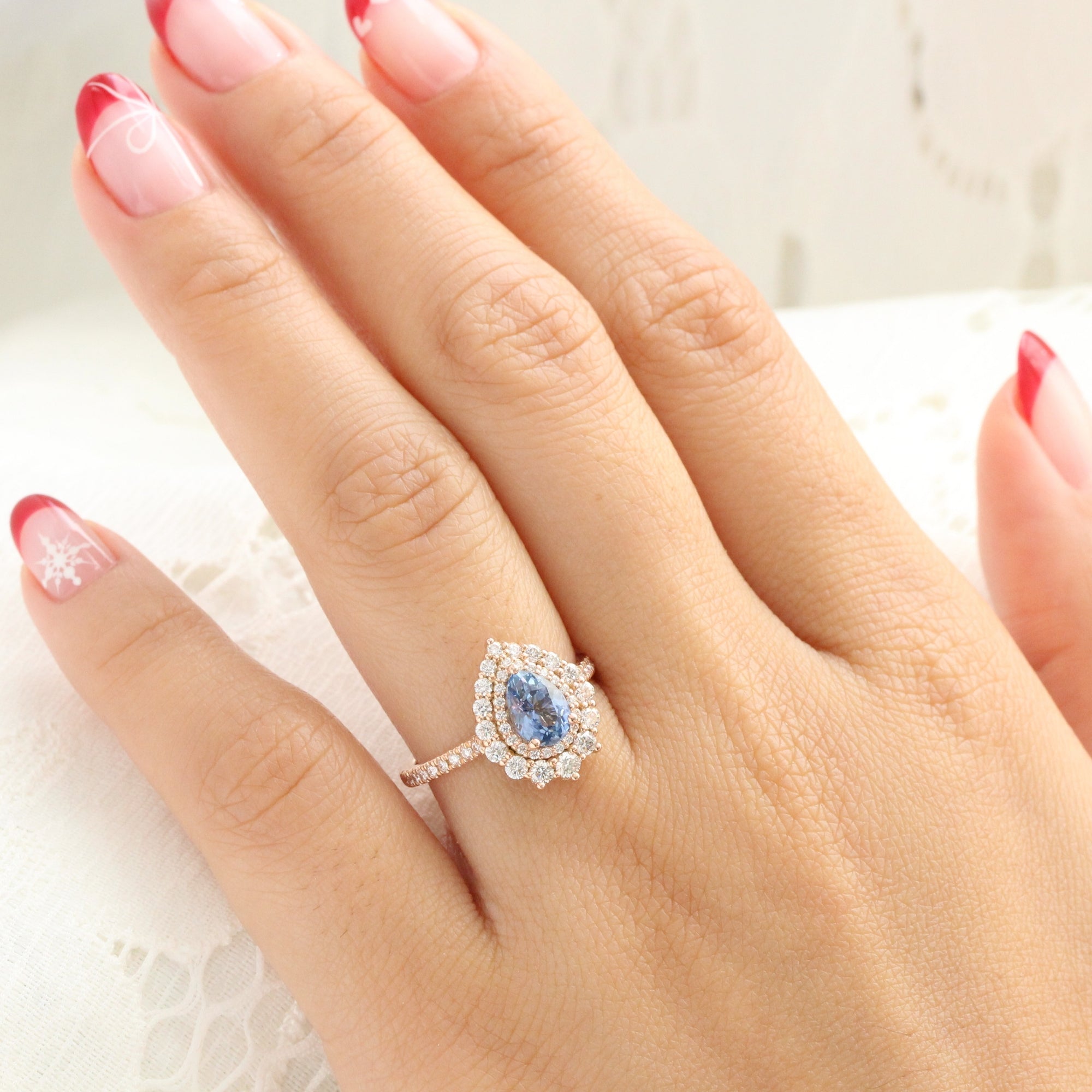 Pear aqua blue sapphire ring rose gold double halo diamond engagement ring la more design jewelry