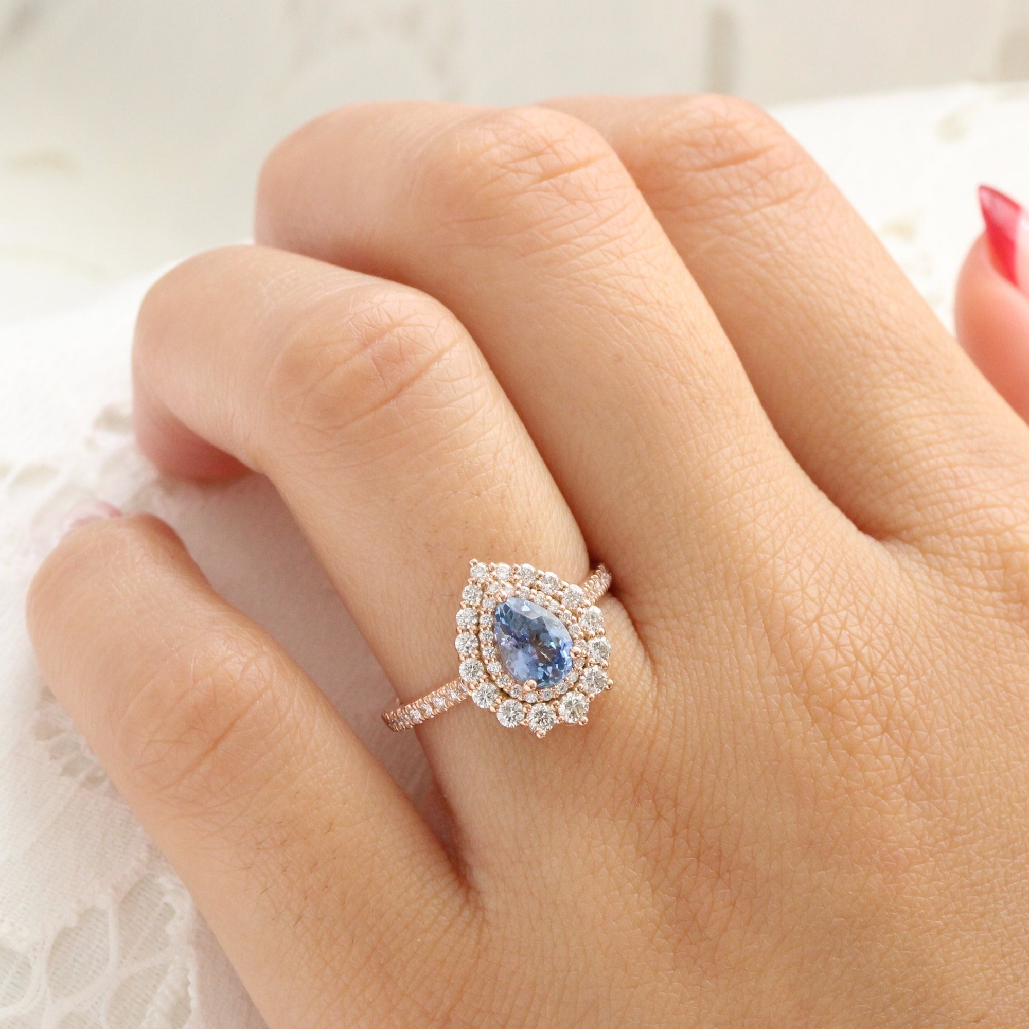 Pear aqua blue sapphire ring rose gold double halo diamond engagement ring la more design jewelry