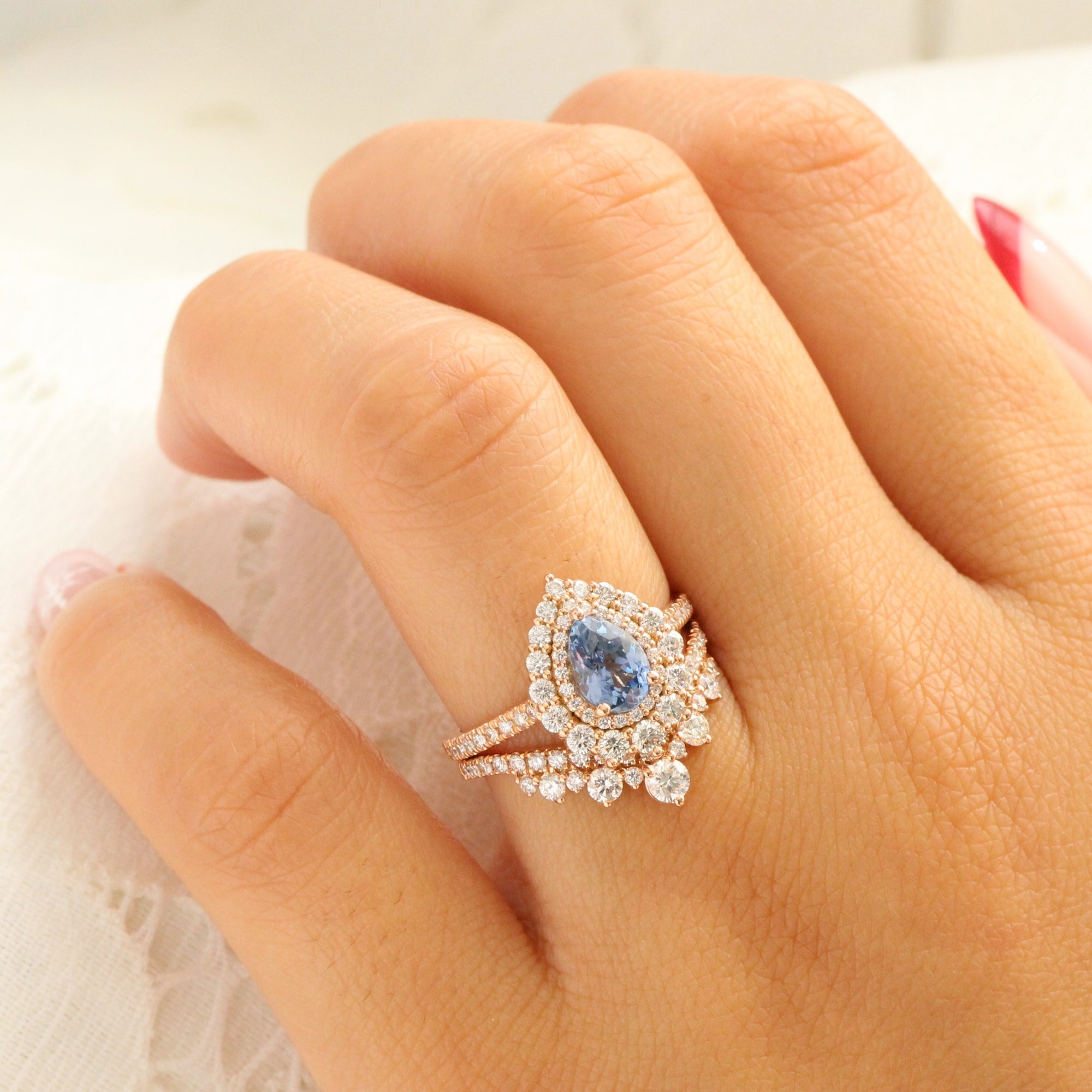 Pear aqua blue sapphire ring rose gold double halo diamond engagement ring la more design jewelry