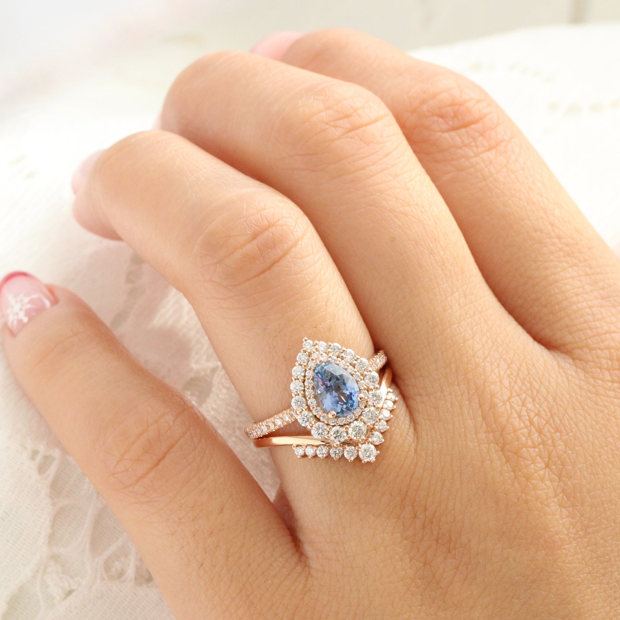 Pear aqua blue sapphire ring rose gold double halo diamond engagement ring la more design jewelry