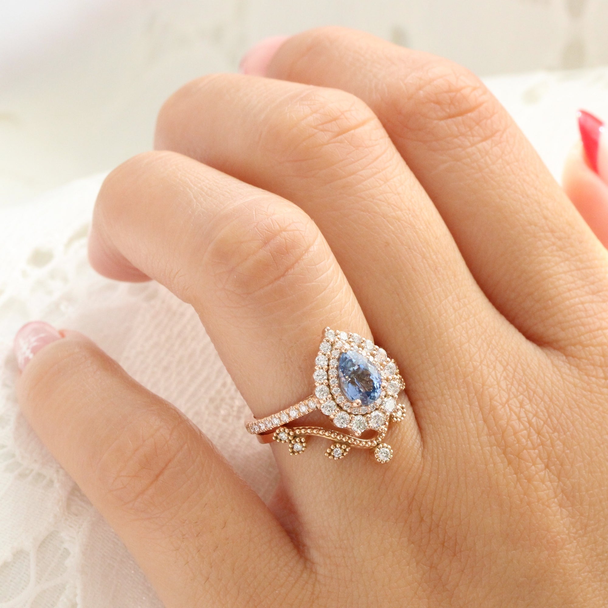 Pear aqua blue sapphire ring rose gold double halo diamond engagement ring la more design jewelry