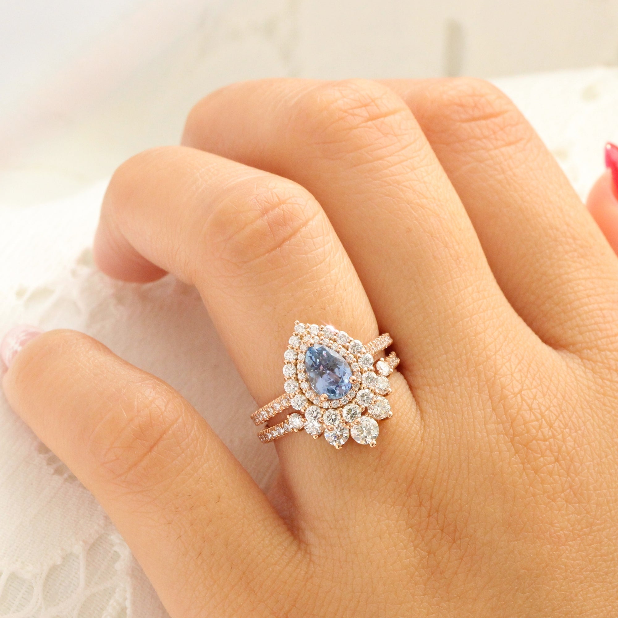 Pear aqua blue sapphire ring rose gold double halo diamond engagement ring la more design jewelry