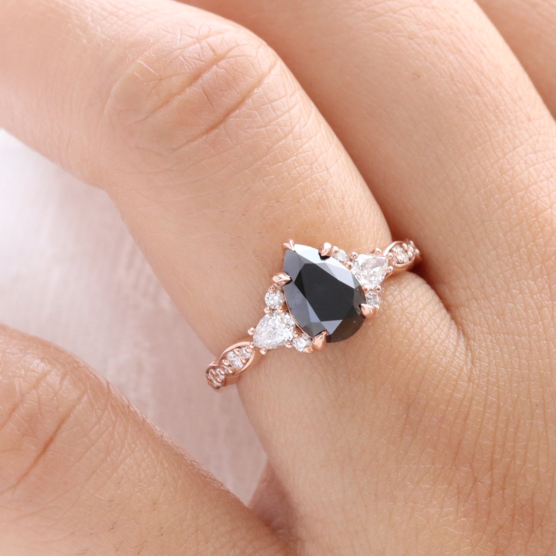 Pear black diamond engagement ring rose gold 3 stone black diamond cluster ring la more design jewelry