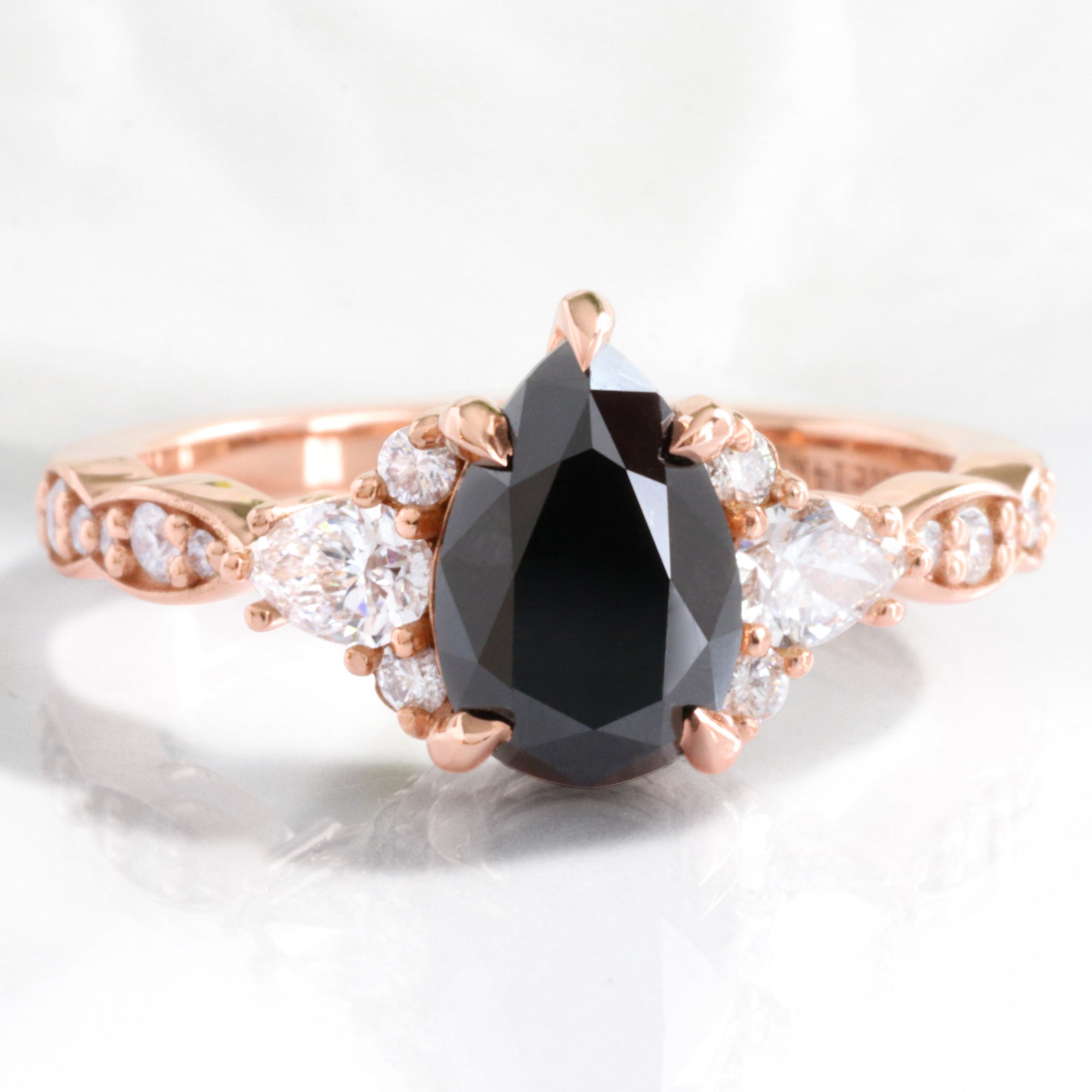 Pear black diamond engagement ring rose gold 3 stone black diamond cluster ring la more design jewelry