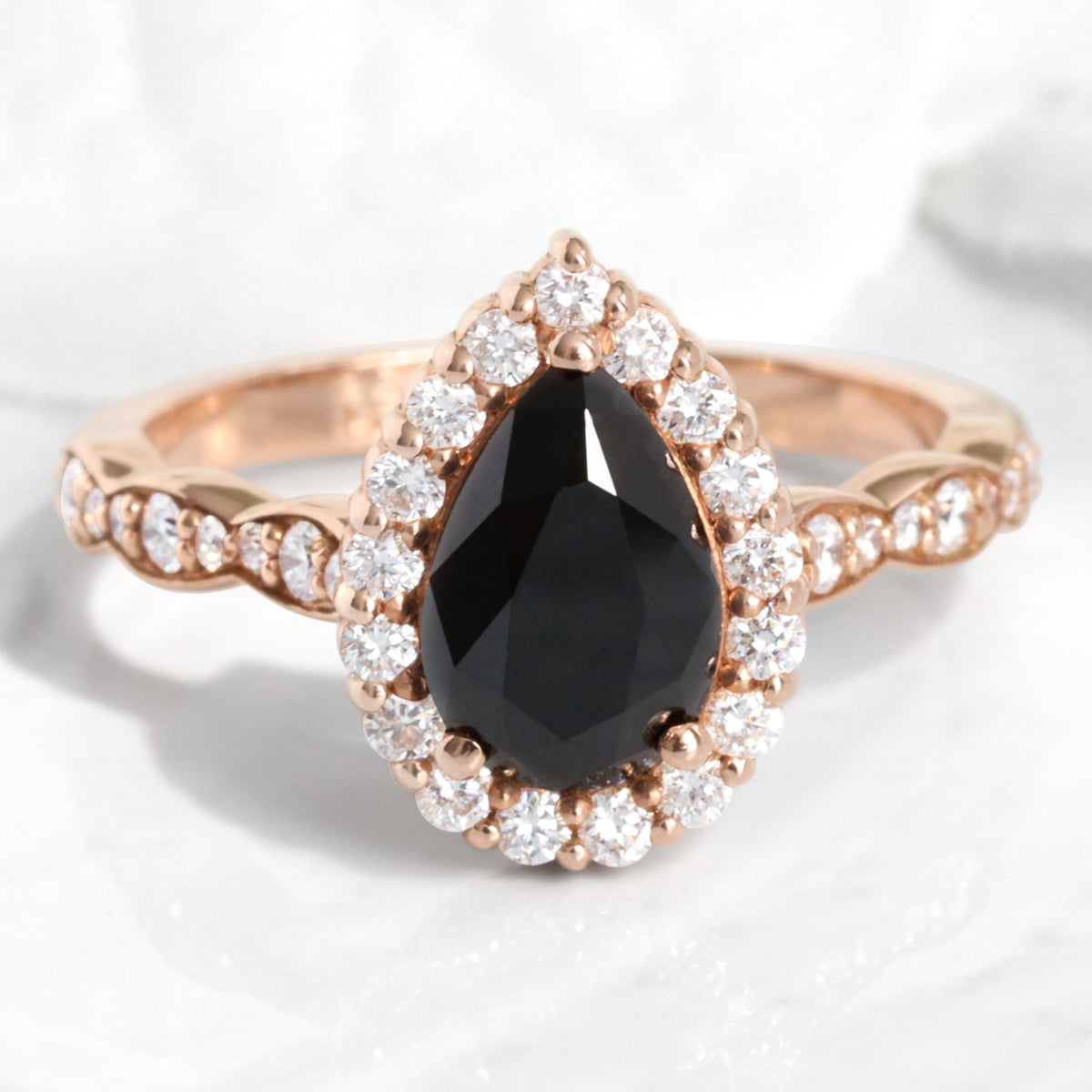 Pear black diamond engagement ring rose gold black halo diamond band la more design jewelry