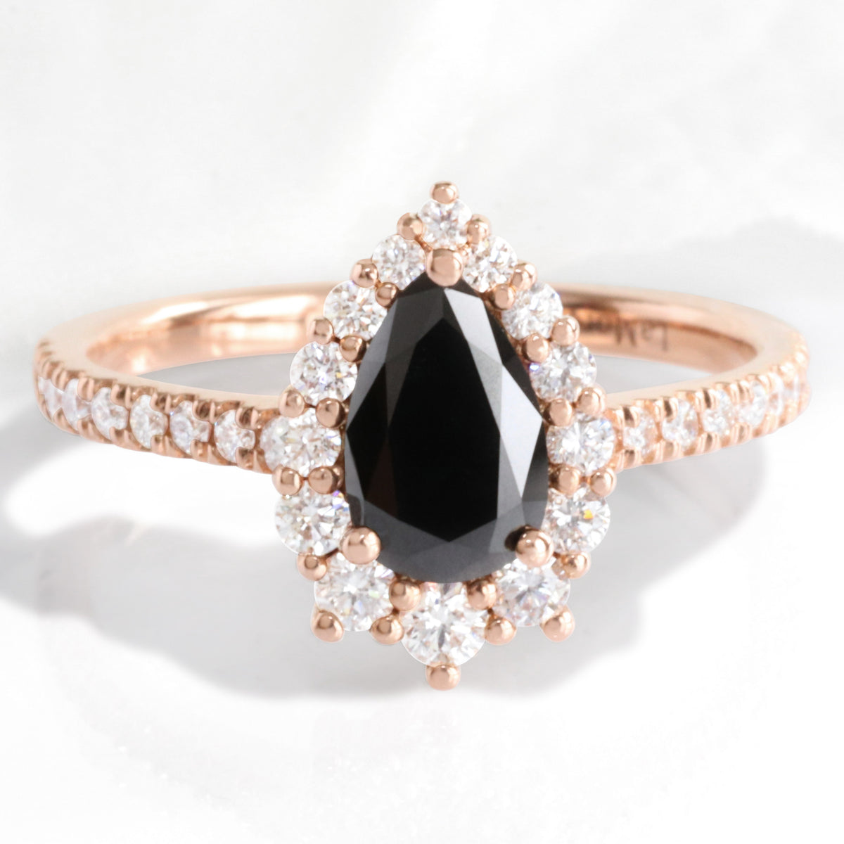 Pear black diamond engagement ring rose gold black halo diamond ring la more design jewelry