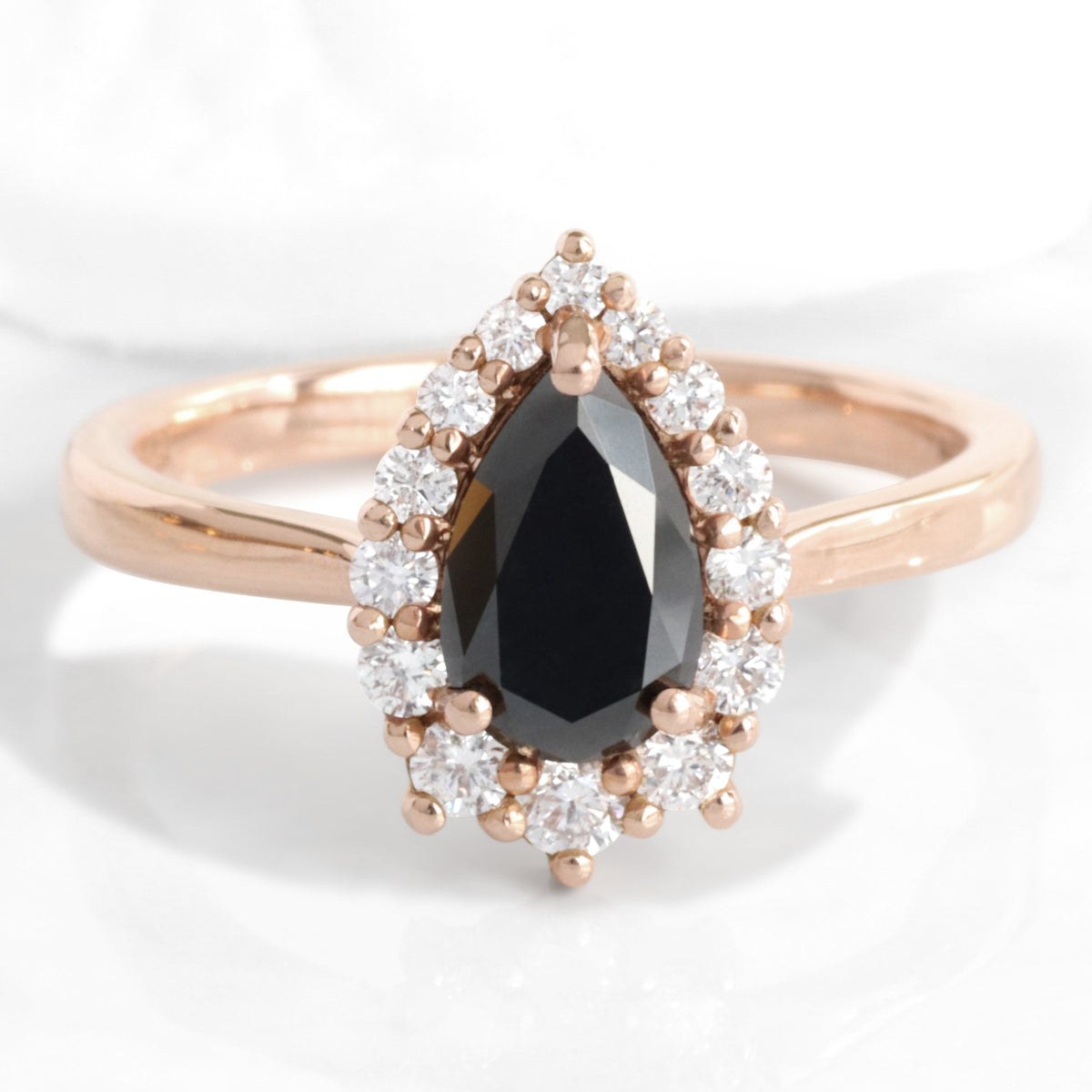 Pear black diamond engagement ring rose gold black halo diamond ring la more design jewelry