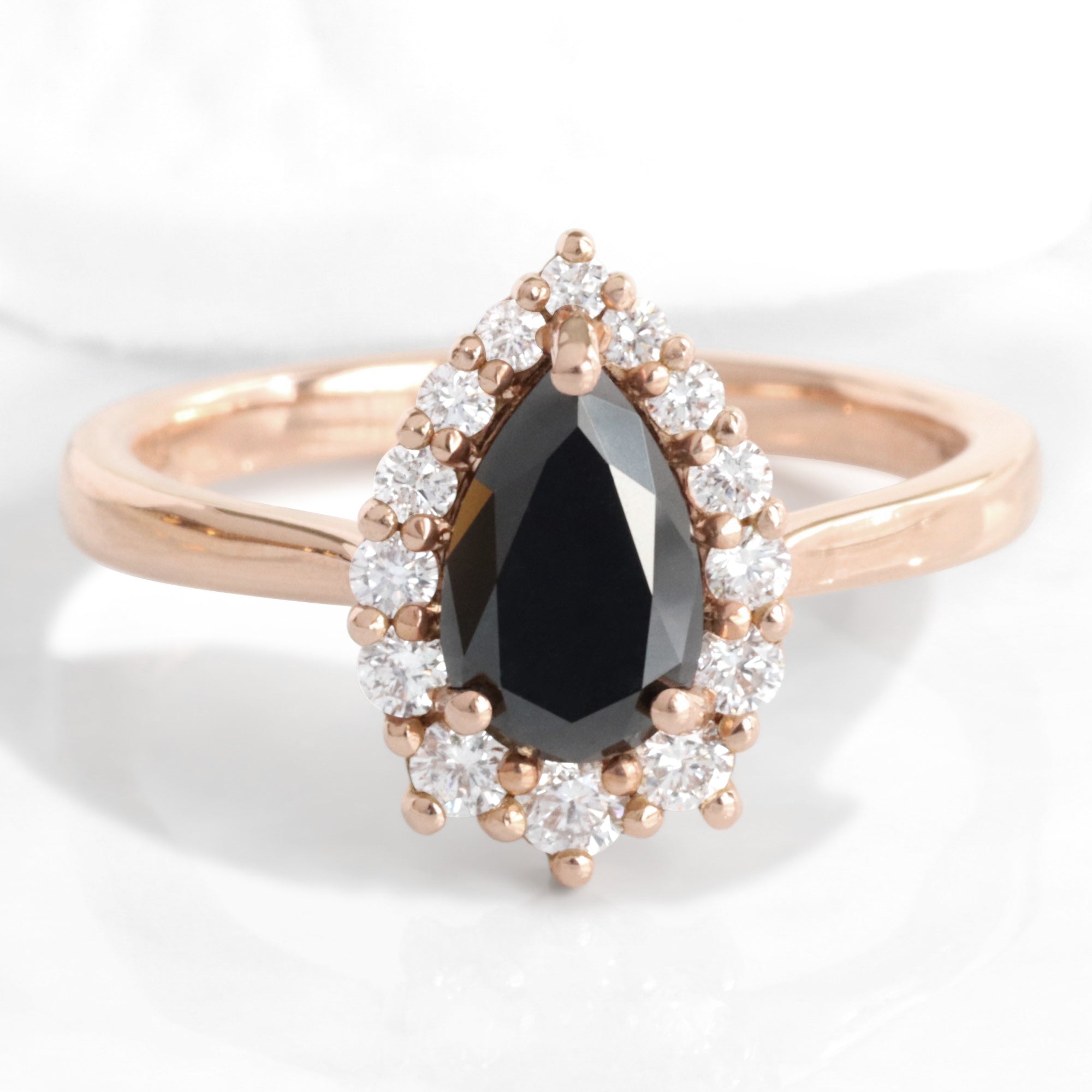 Pear black diamond engagement ring rose gold black halo diamond ring la more design jewelry