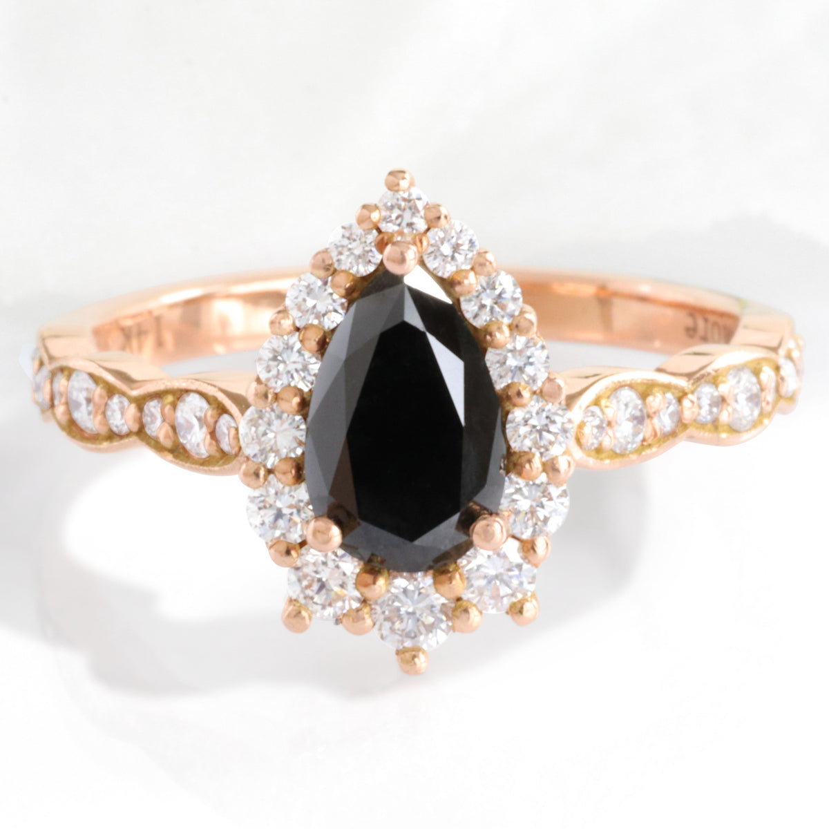 Pear black diamond engagement ring rose gold black halo diamond ring la more design jewelry