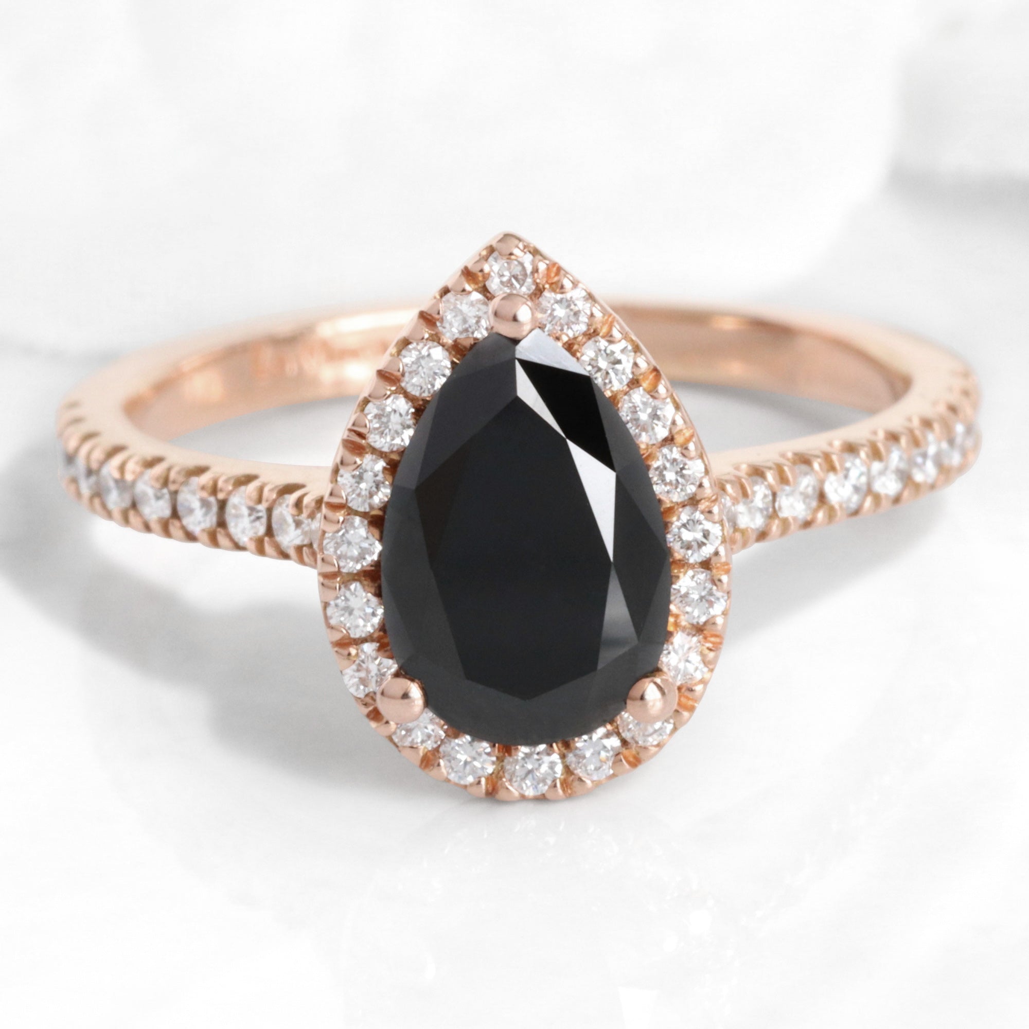 Pear black diamond engagement ring rose gold black halo diamond ring la more design jewelry