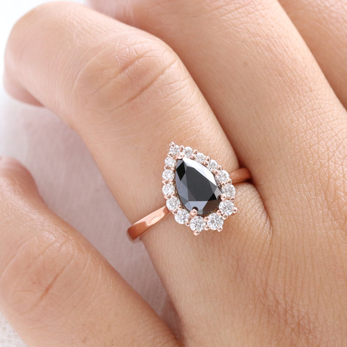 Pear black diamond engagement ring rose gold halo diamond pear ring pear cluster la more design jewelry