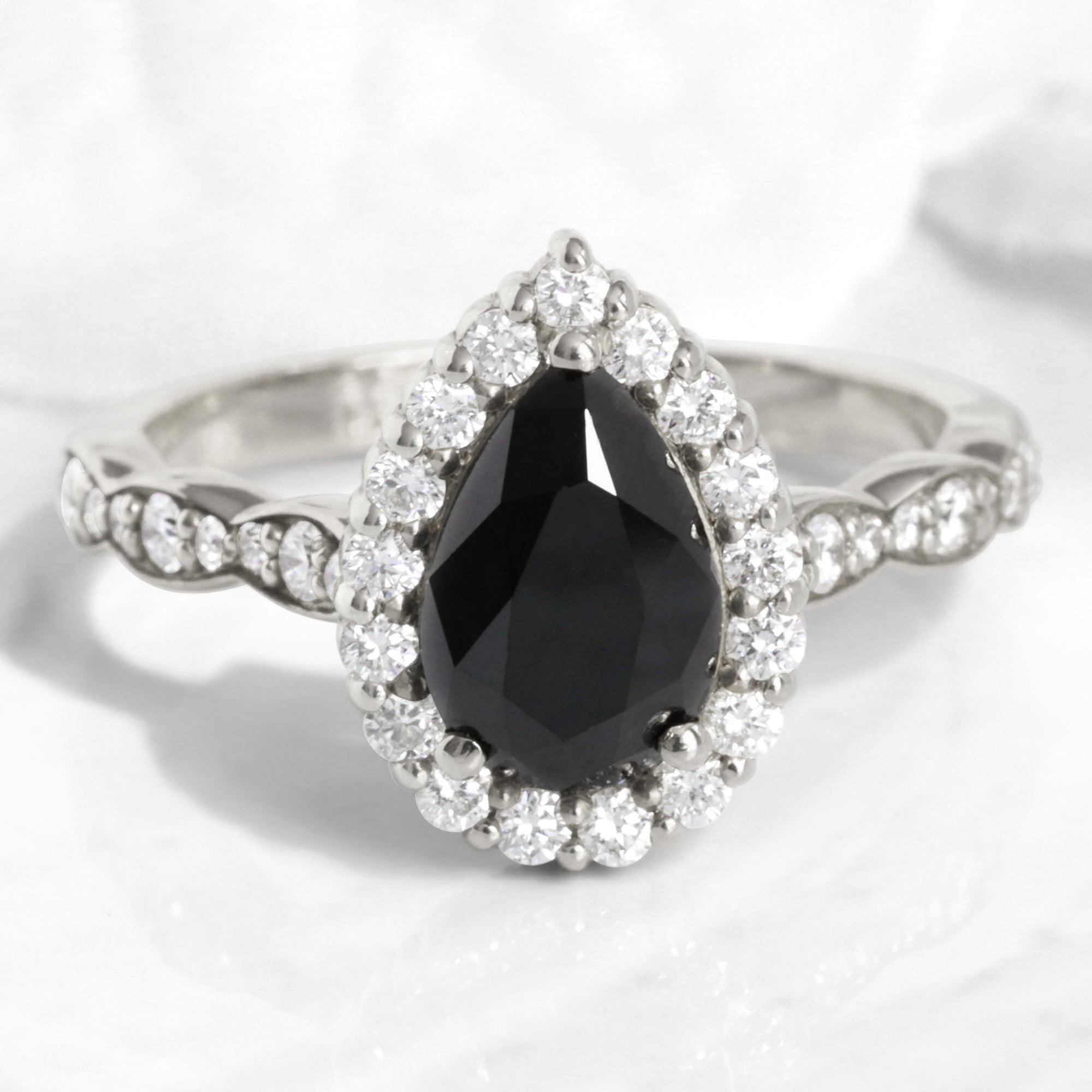 Pear black diamond engagement ring white gold black halo diamond band la more design jewelry