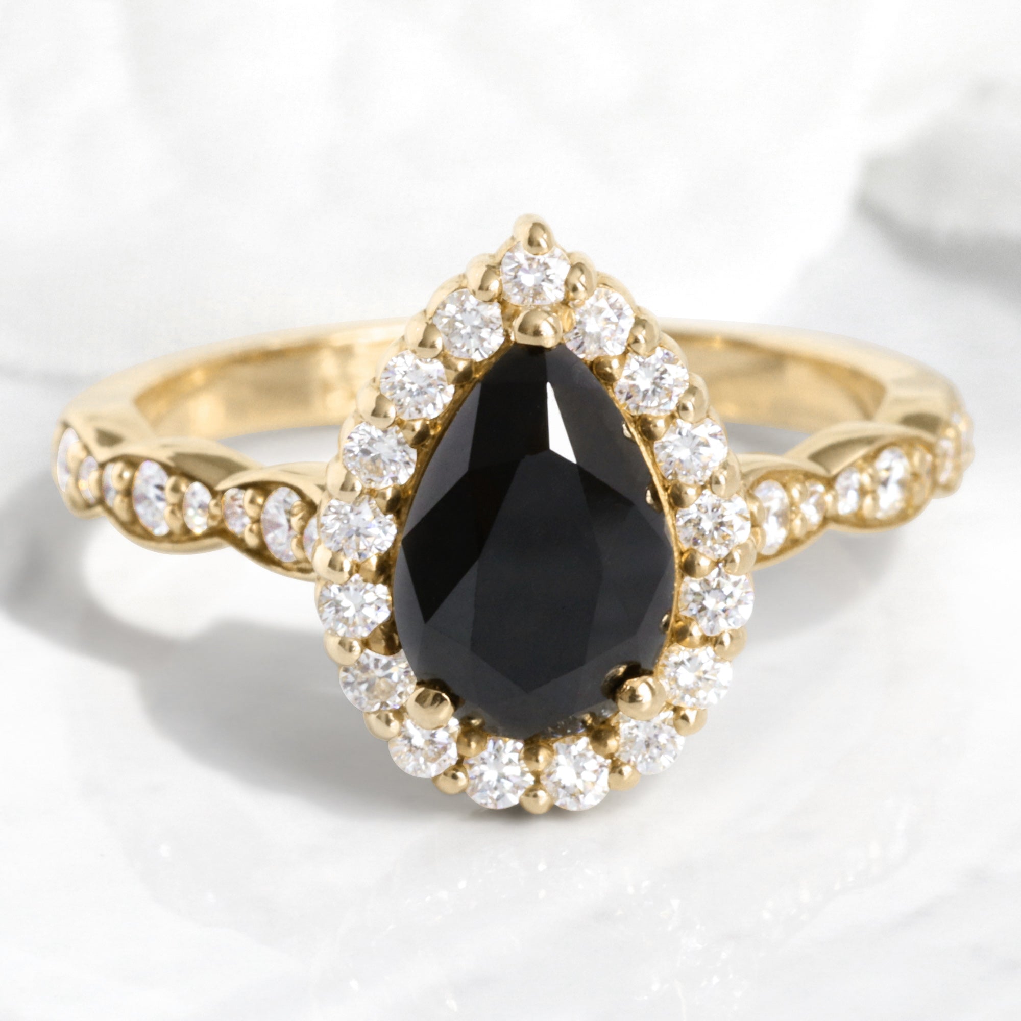 Pear black diamond engagement ring yellow gold black halo diamond band la more design jewelry